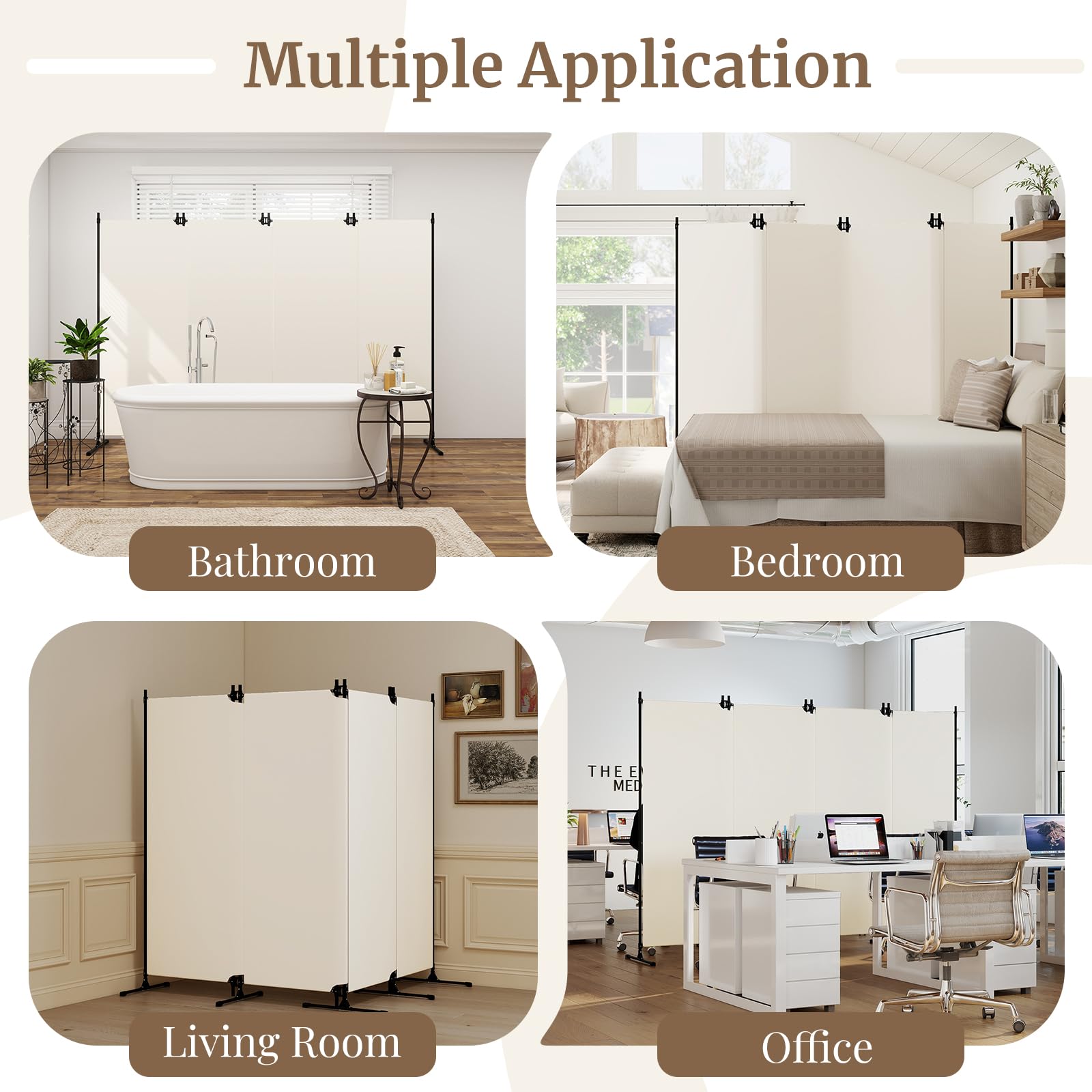 Kokorona Cloison de séparation pliable à 4 panneaux, écran d'intimité portable pour la maison, le bureau, séparateur de pièce pour séparation de pièce, installation facile, beige, 247 x 178 cm (l x H)