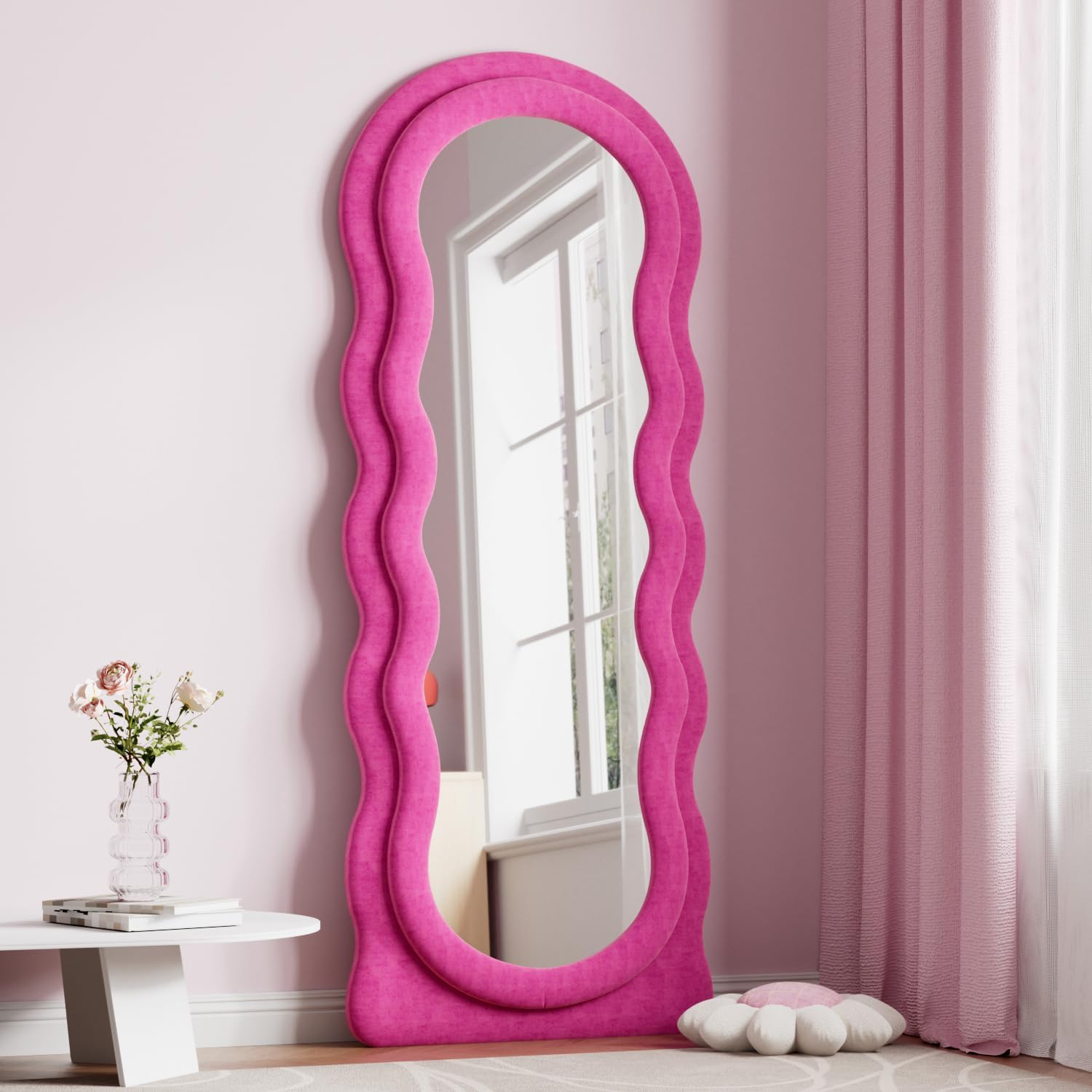 Full Length Mirror, 63" x 24" Irregular Wavy Mirror, Large Floor Length Mirrors Wall Mounted, Standing Wavy Mirrors with Flannel Wrapped Wooden Frame for Bedroom/Living Room, Hot Pink