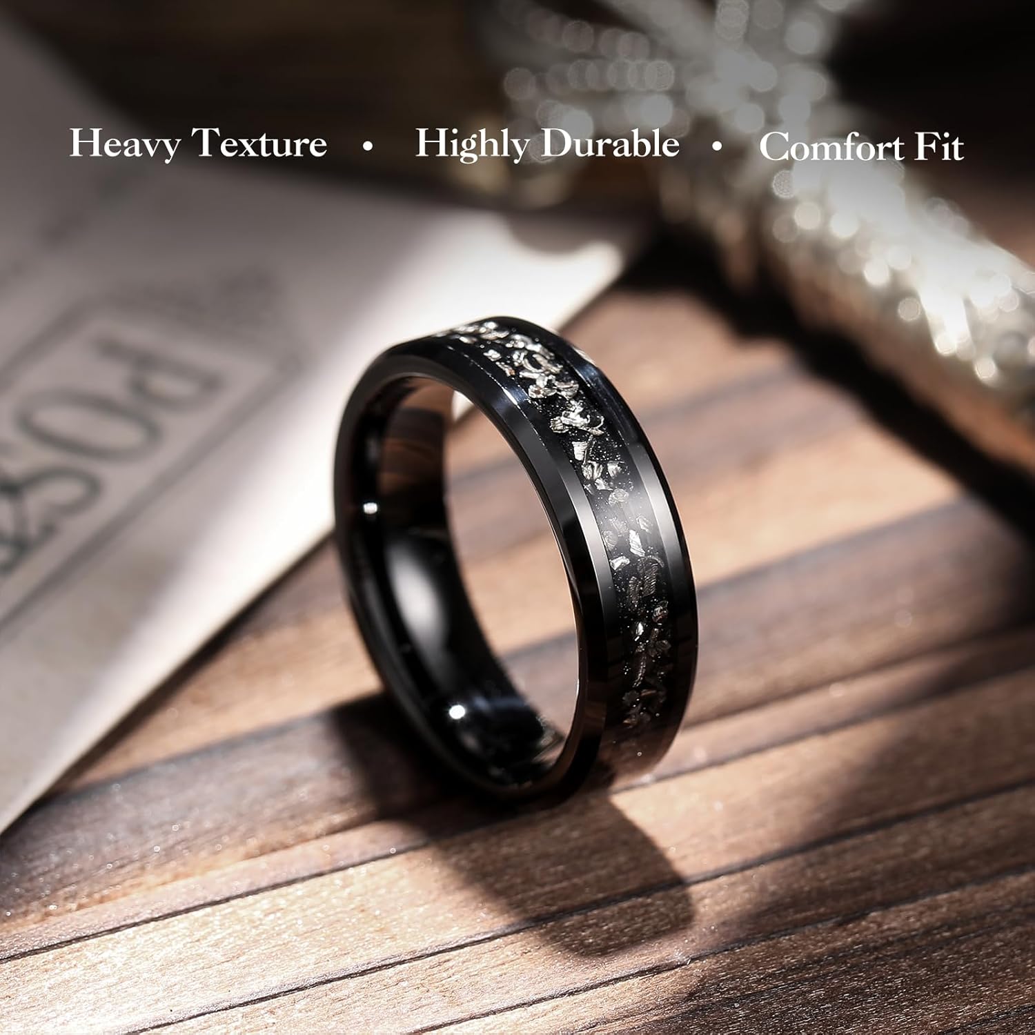 King Will Mens Meteorite Tungsten Wedding Bands, 6mm/8mm Width, Black/Silver Engagement Rings for Couples, Beveled Edge Promise Ring for Women Comfort Fit - Image 2