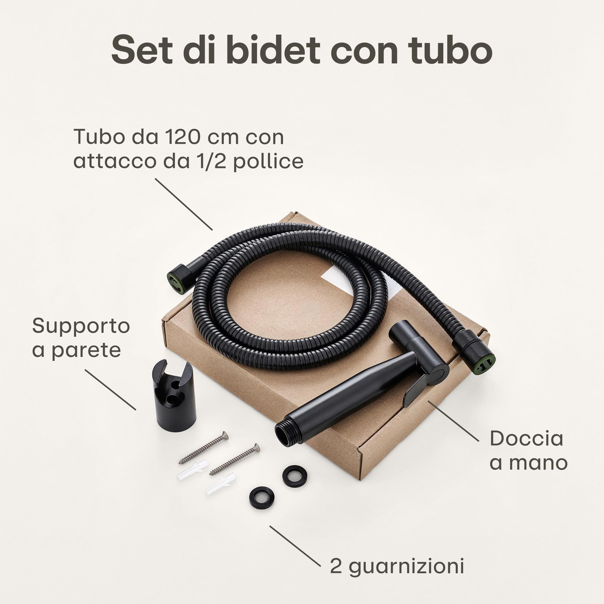 Praknu Doccetta per Bidet WC - Con Doccia, Tubo Flessibile e Supporto - Acciaio inox – Per attacco standard G1/2 – Facile da installare (Nero)