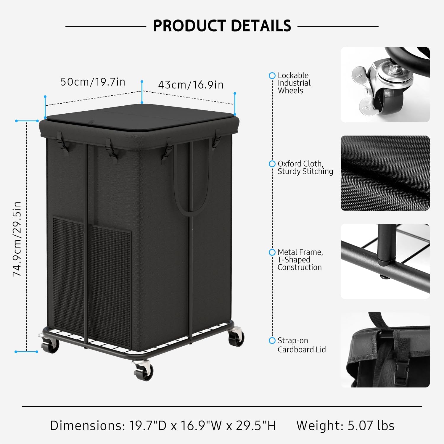 160L Large Laundry Hampers with Lid, Oxford Fabric Laundry Hampers, Metal Frame and Removable Bag Design with Wheels, Suitable for Bedroom, Bathroom, Dorm Room, Laundry Room (Black Lid Rope)