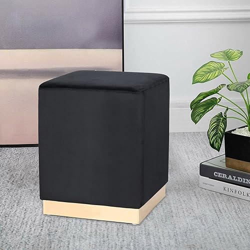 Miniatura 6 de Asense Taburete otomano redondo de terciopelo con reposapiés tapizado con base chapada en oro para sala de estar, dormitorio, habitación de los