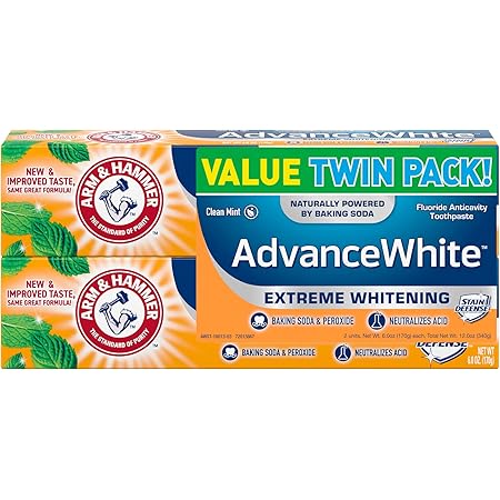 ARM & HAMMER Advanced White Extreme Whitening Toothpaste, TWIN PACK (Contains Two 6oz Tubes) -Clean Mint- Fluoride Toothpaste