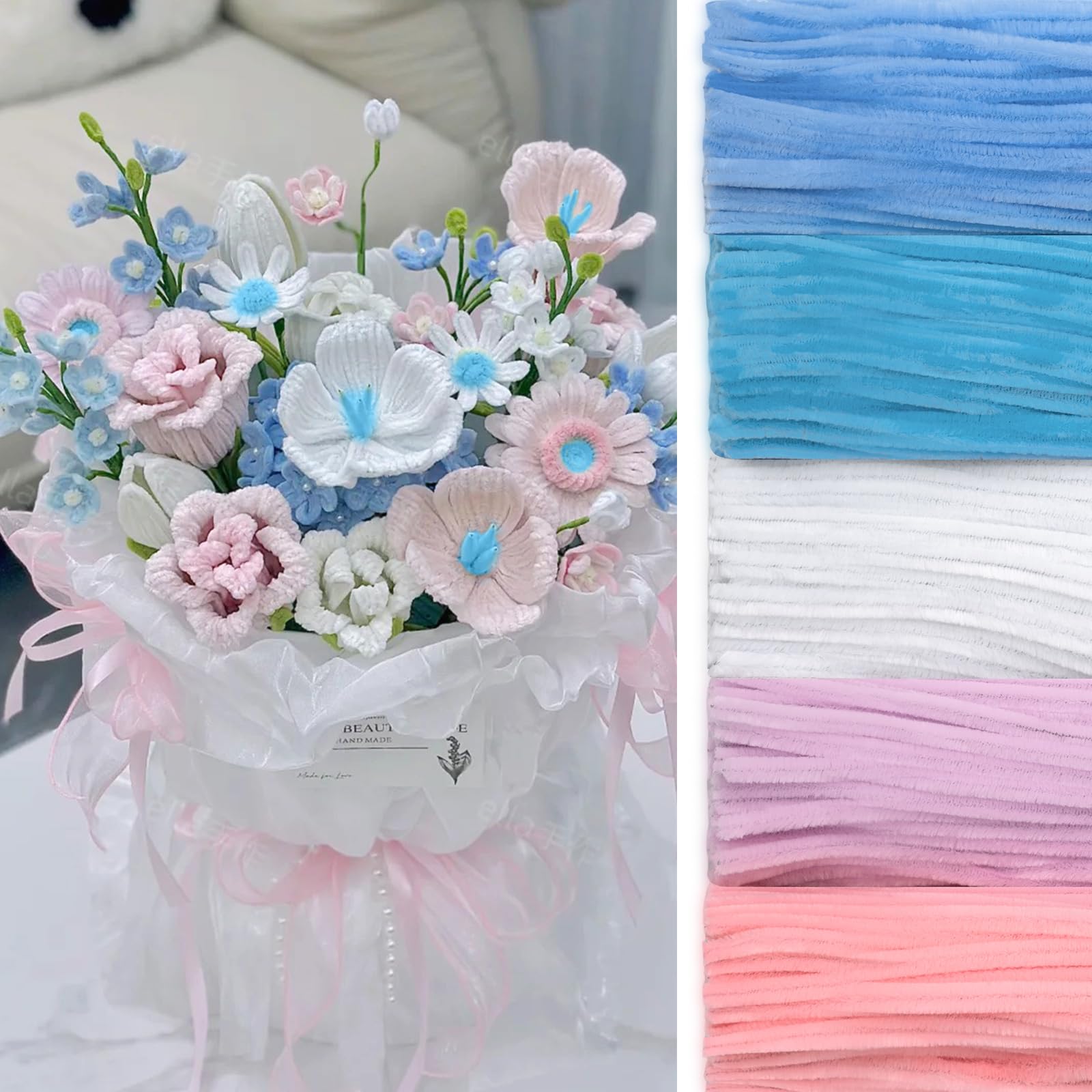Peryiter 500 Pieces Pipe Cleaners Chenille Stems for Flowers Craft Supplies Bulk Fluffy Fuzzy Sticks for DIY Art Projects Creative Gift Wrapping Party Decorations (Blue & Pink Flower,12 Inch)