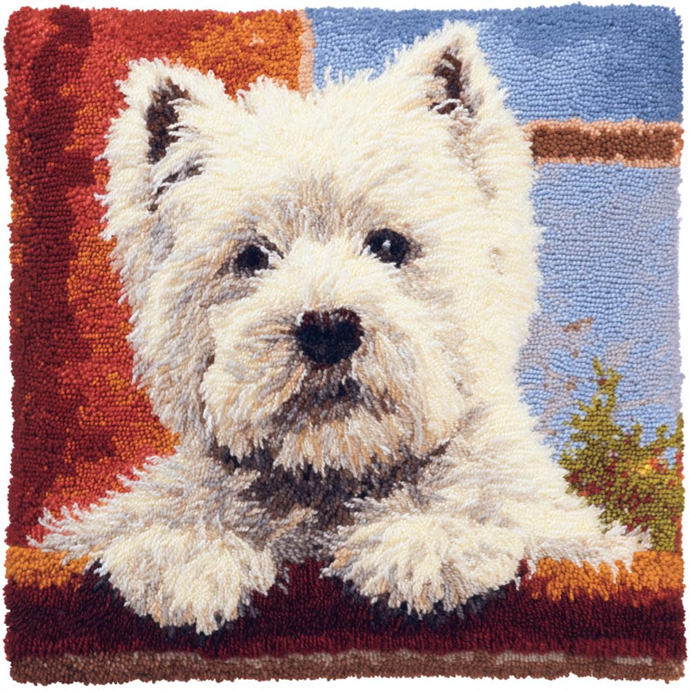 Taxpy Latch Hook Kit, West Highland White Terrier Animal Latch Hook Pillow Kits for Adults Crochet Yarn Cushion Pre-Printed Needlework Handcraft 17X17 Inch