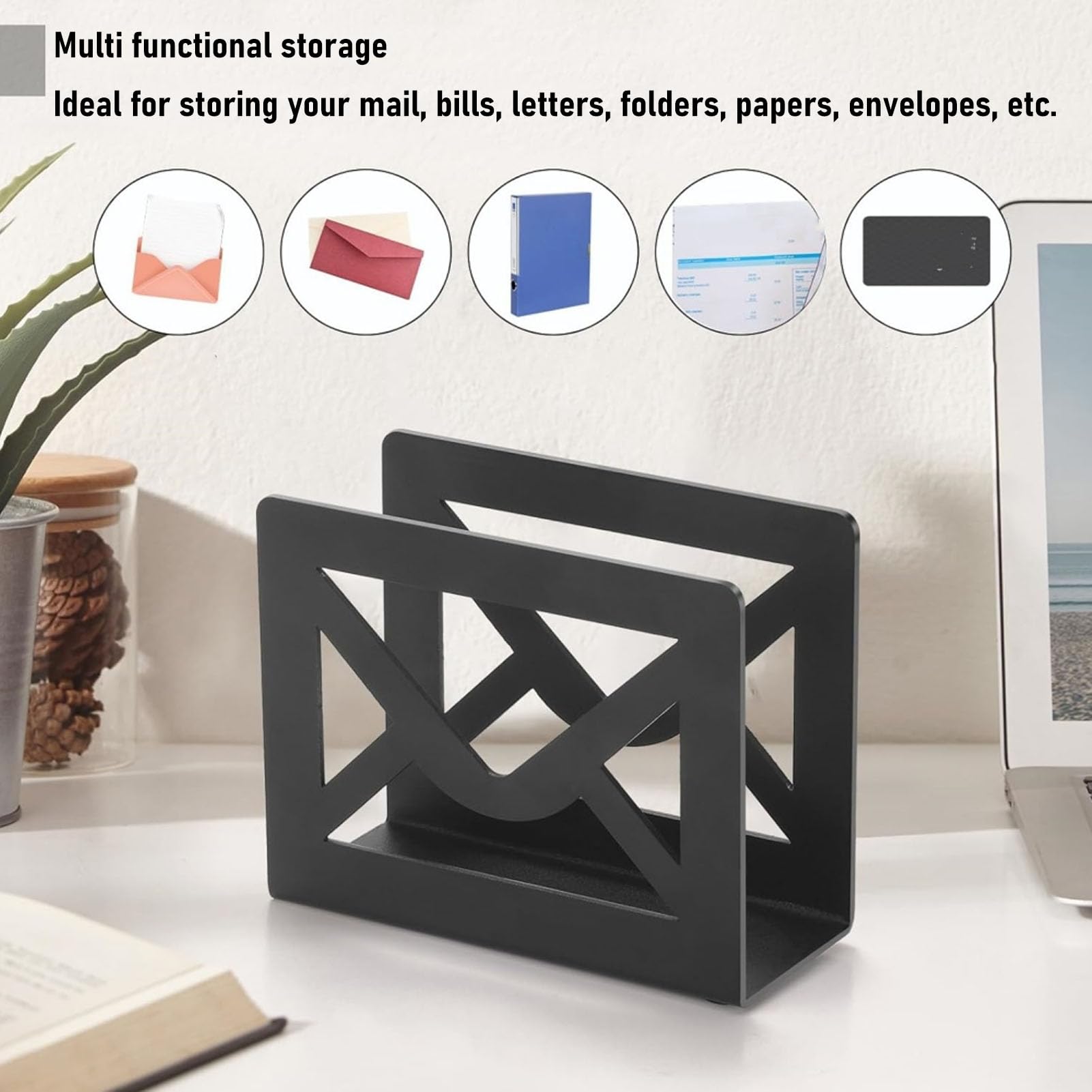 Ausla Porta Lettere da Scrivania in Metallo, Design a Busta, Organizzatore per Posta, Nero, 270g