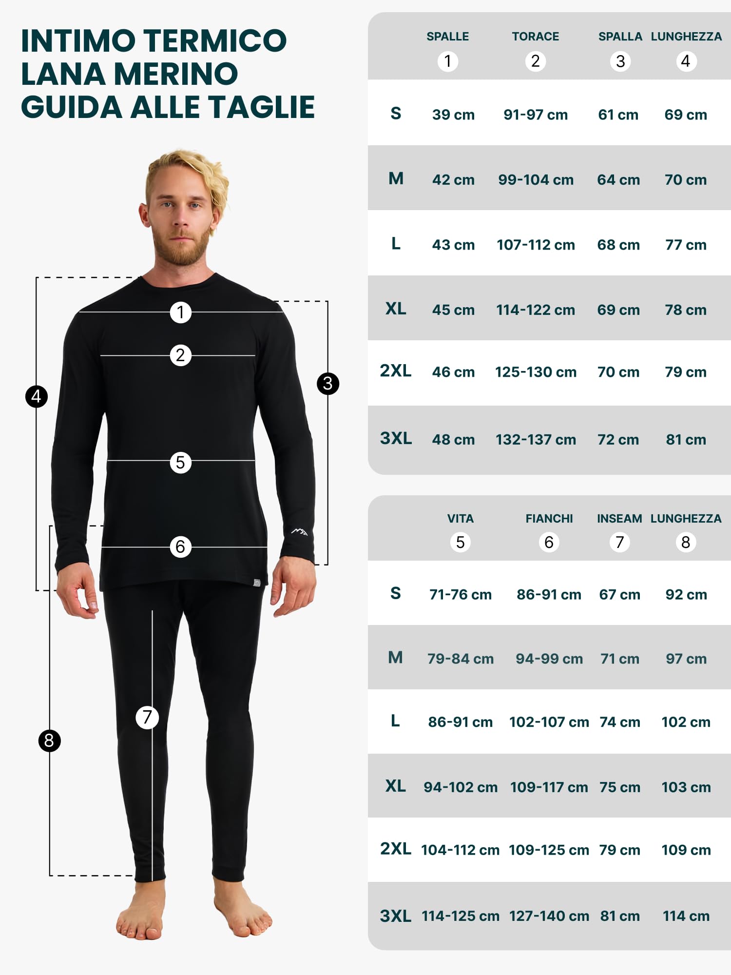 Merino.tech Intimo Termico Uomo Lana Merinos - Completo Termico Uomo Maglia e Pantaloni con Calzini Leggero, Medio, Pesante
