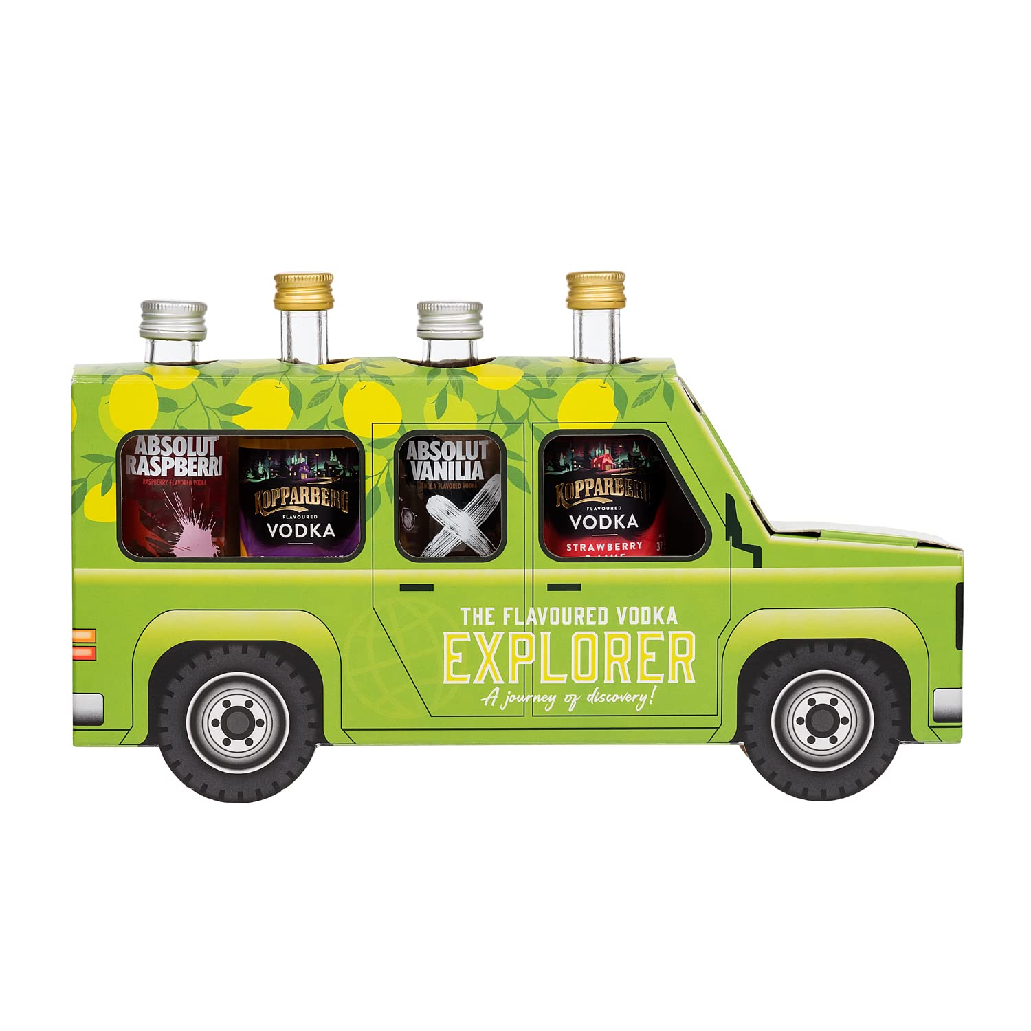 The Flavoured Vodka Explorer, Absolut Vanilla, Absolut Raspberri, Kopparberg Passionfruit Vodka, Kopparberg Strawberry & Lime Vodka. Flavoured Vodka 4x5cl Gift Set by Blue Tree