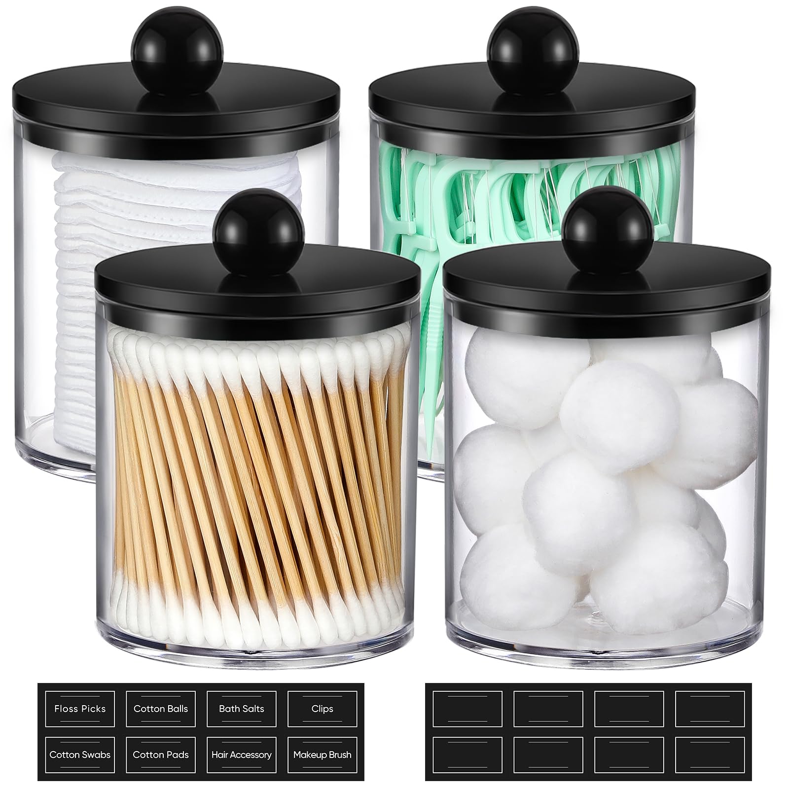 Photo 1 of 4 Pack Acrylic Qtip Holder Dispenser for Cotton Swabs, Balls, Pads, Floss - Plastic Canister Apothecary Jar Set, Bathroom Essentials Accessories Decor Vanity Makeup Storage Organizer - Clear & Black