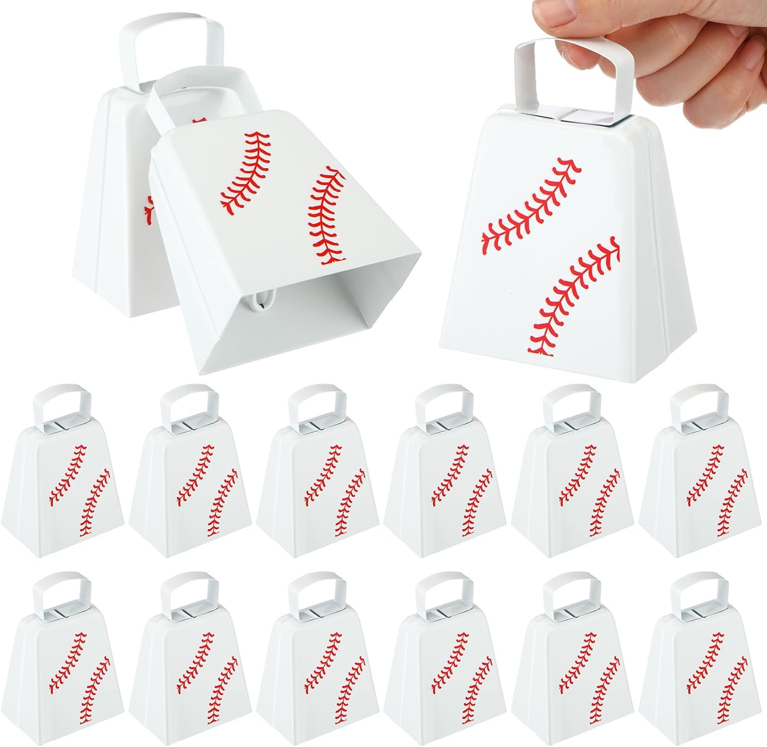 Boao 12 Pcs Baseball Cowbells Bulk 4 Inch Metal Cowbells with Handle Novelty Cow Bells Noise Makers Loud Bell Hand Percussion for Sporting Events Games Spirit Accessories (Baseball, White)