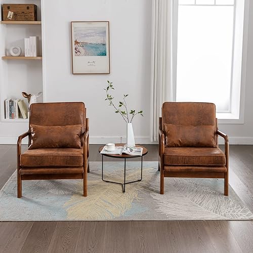 Miniatura 8 de Silla decorativa de color marrón moderno de mediados de siglo para sala de estar, cómoda silla con brazo de madera maciza con almohada de madera,