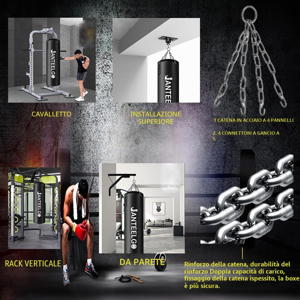 Sacco da boxe sospeso e sacco boxe Non Riempito JanTeelGO 100 cm materiale PU con catena di montaggio e gancio a soffitto per uomo donna adolescente adulti bambino MMA Kickboxing Muay Thai Karate