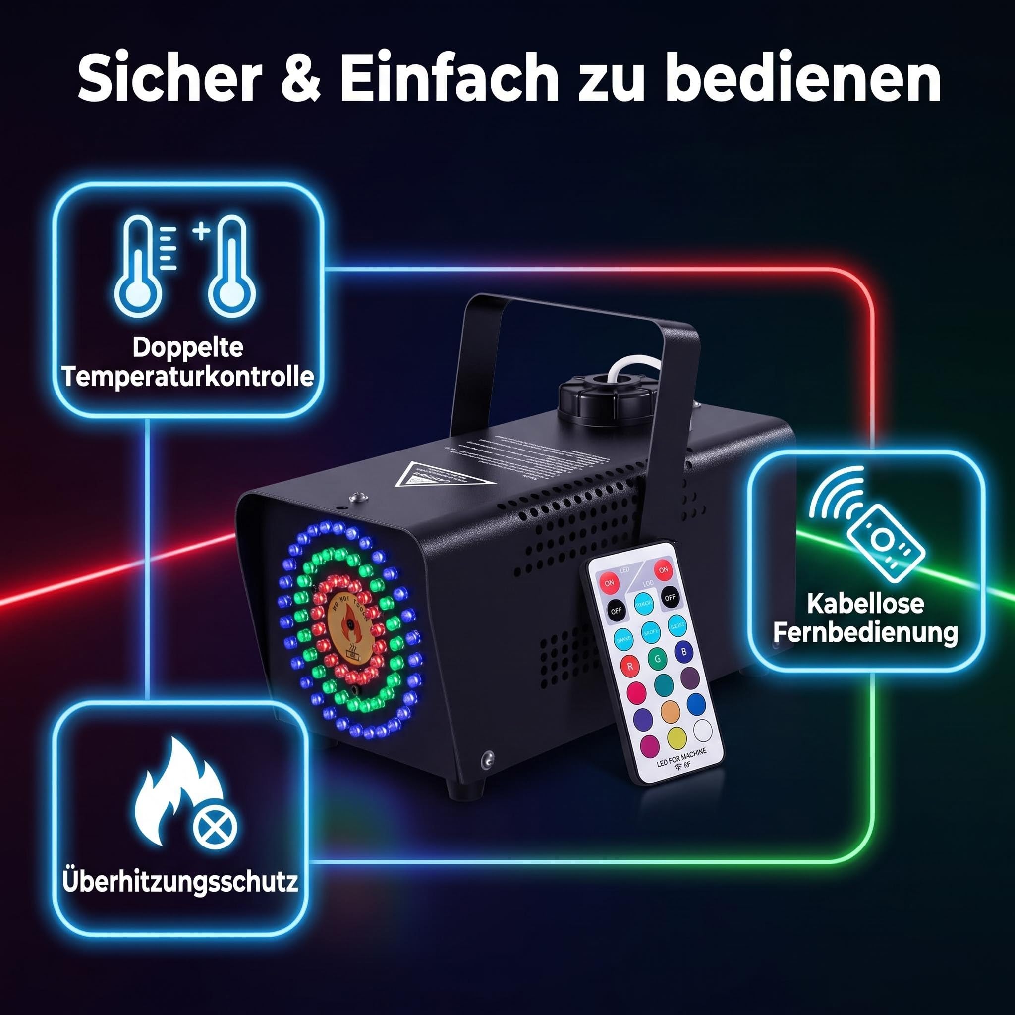 Machine à fumée 500 W avec 72 LED RVB et télécommande pour fête, Halloween