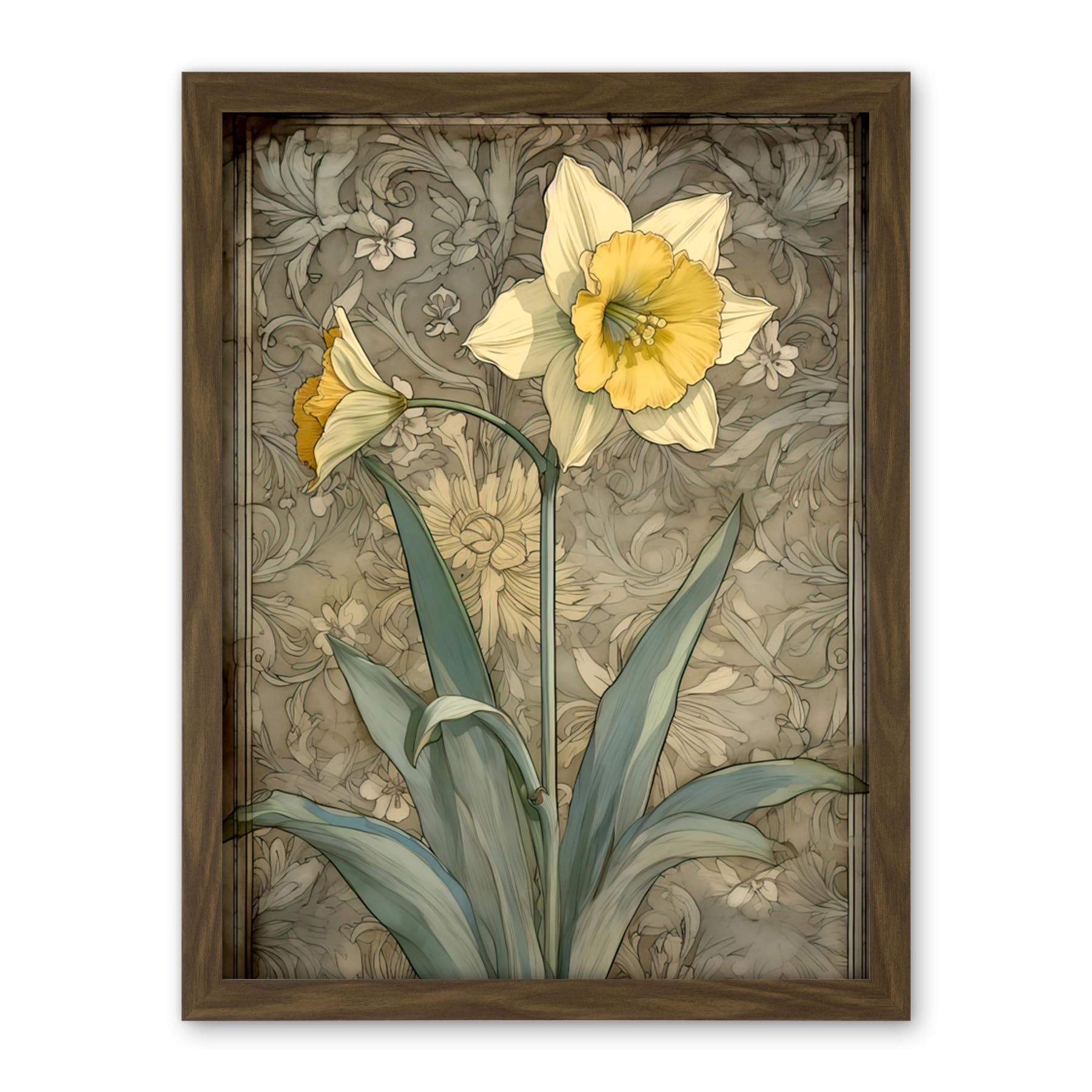 Artery8 Daffodil Flower Pastel Watercolour Art Nouveau Artwork Framed Wall Art Print 18X24 Inch