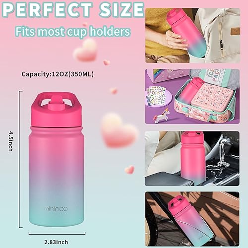 Miniatura 4 de Mininoo Botella de agua aislada para niños, botella de agua de acero inoxidable de 12 onzas para niños con tapa con popote y tapa para beber para