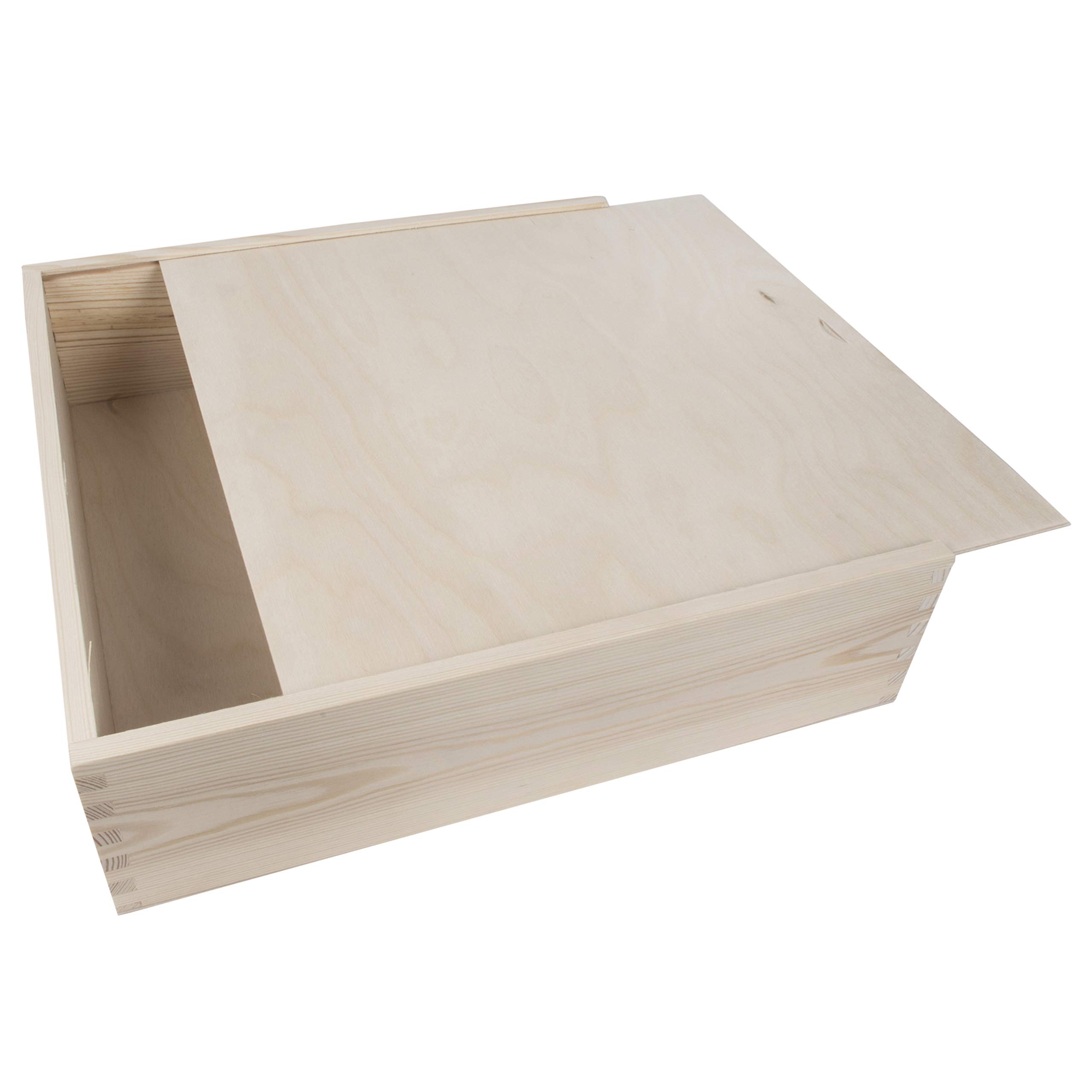 Woodeedoo Natural Extra Large Square Deep Wooden Box With Sliding Lid – 35.5 X 35.5 X 9.5 Cm – Fits 12" X 12" Scrapbook Pages Vinyl Covers Keepsake Memory Craft Prints