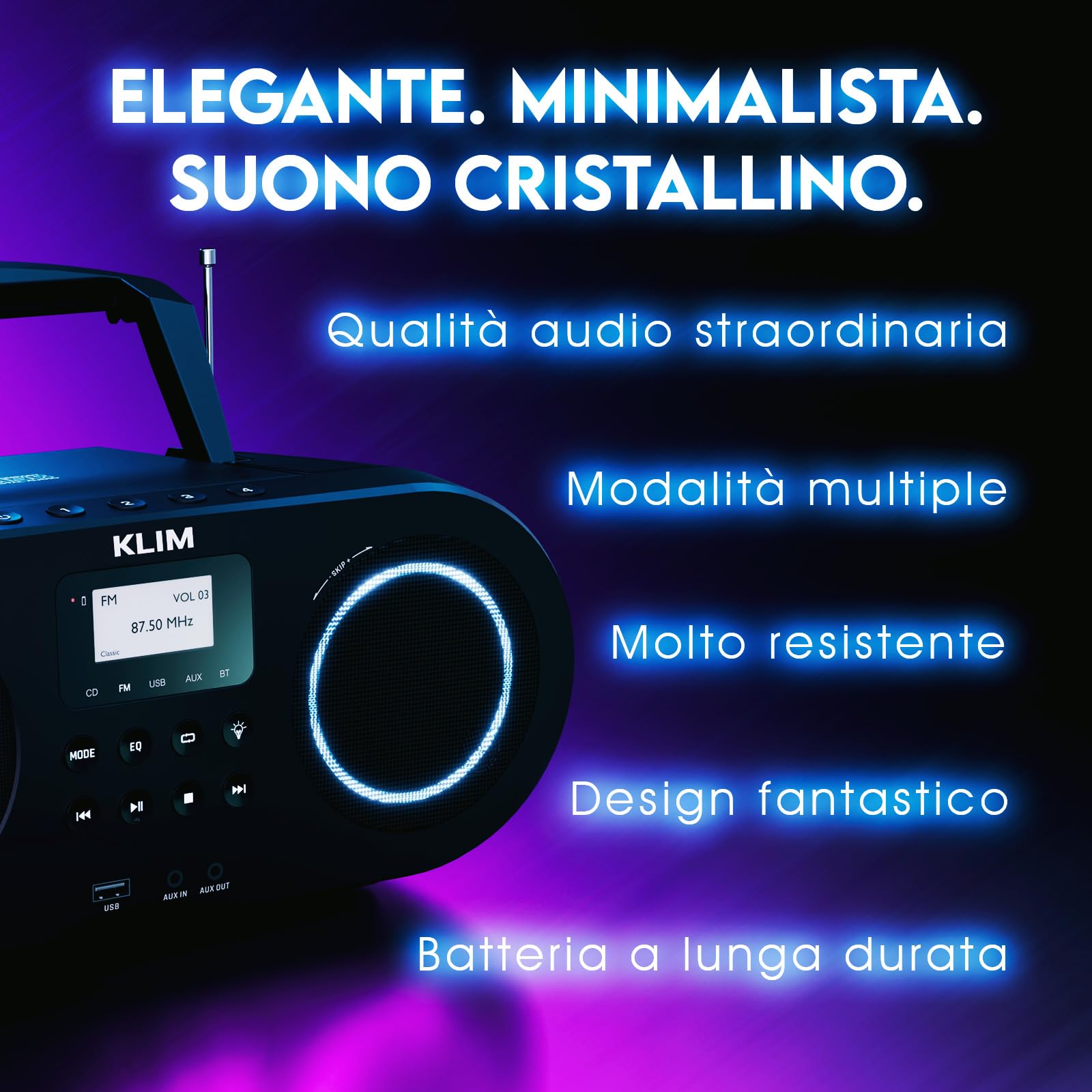 KLIM Lettore CD Stereo Boombox B5 - Radio FM con Lettore CD Bluetooth e USB, AUX, Batteria ricaricabile, Standby automatico, EQ Digitale