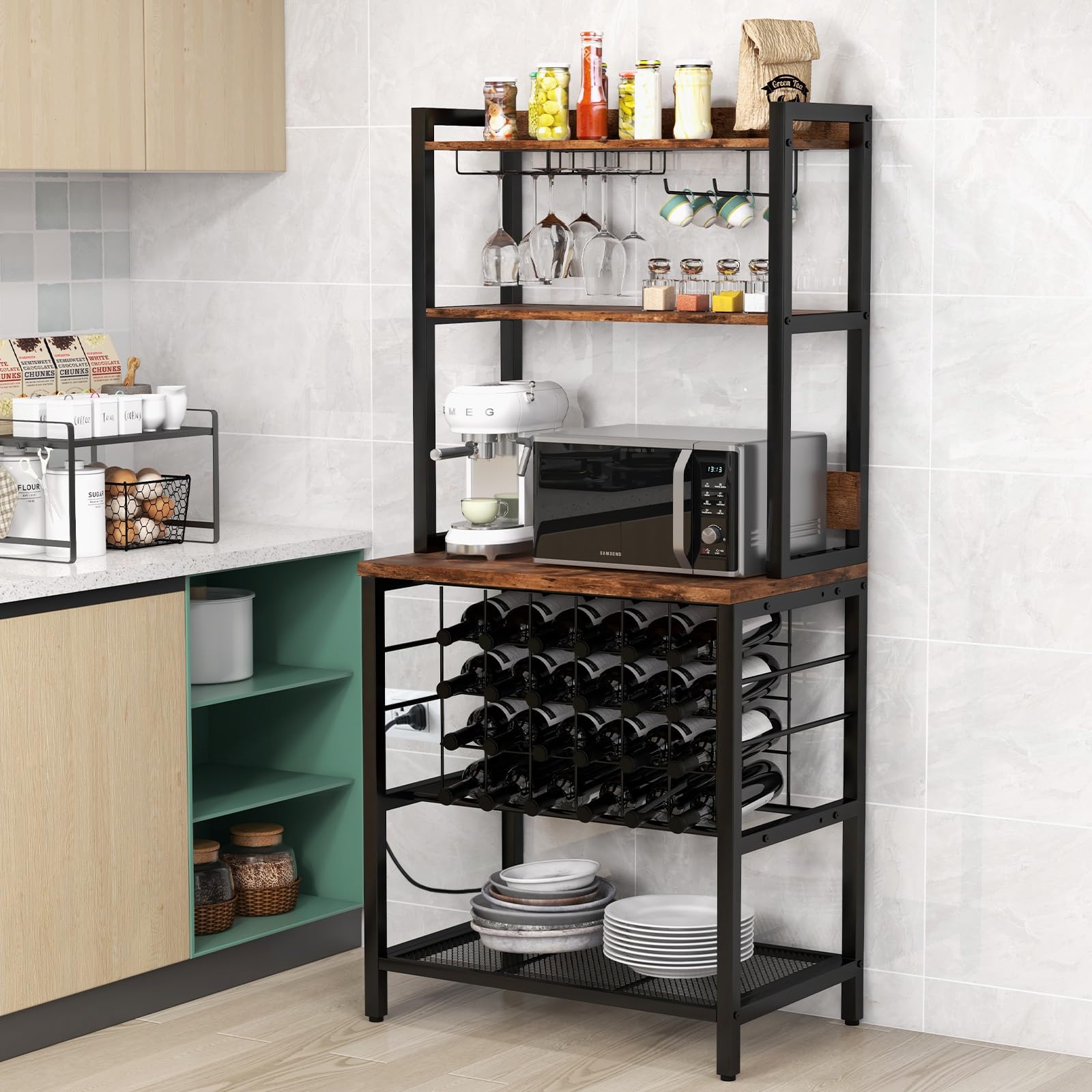 GIANTEX Scaffale Da Cucina Con Prese e Porte Usb, Armadietto Per Vino Con Supporto In Vetro Per 24 Bottiglie e 9 Bicchieri, Scaffale a 4 Livelli, 76 x 48 x 163 cm
