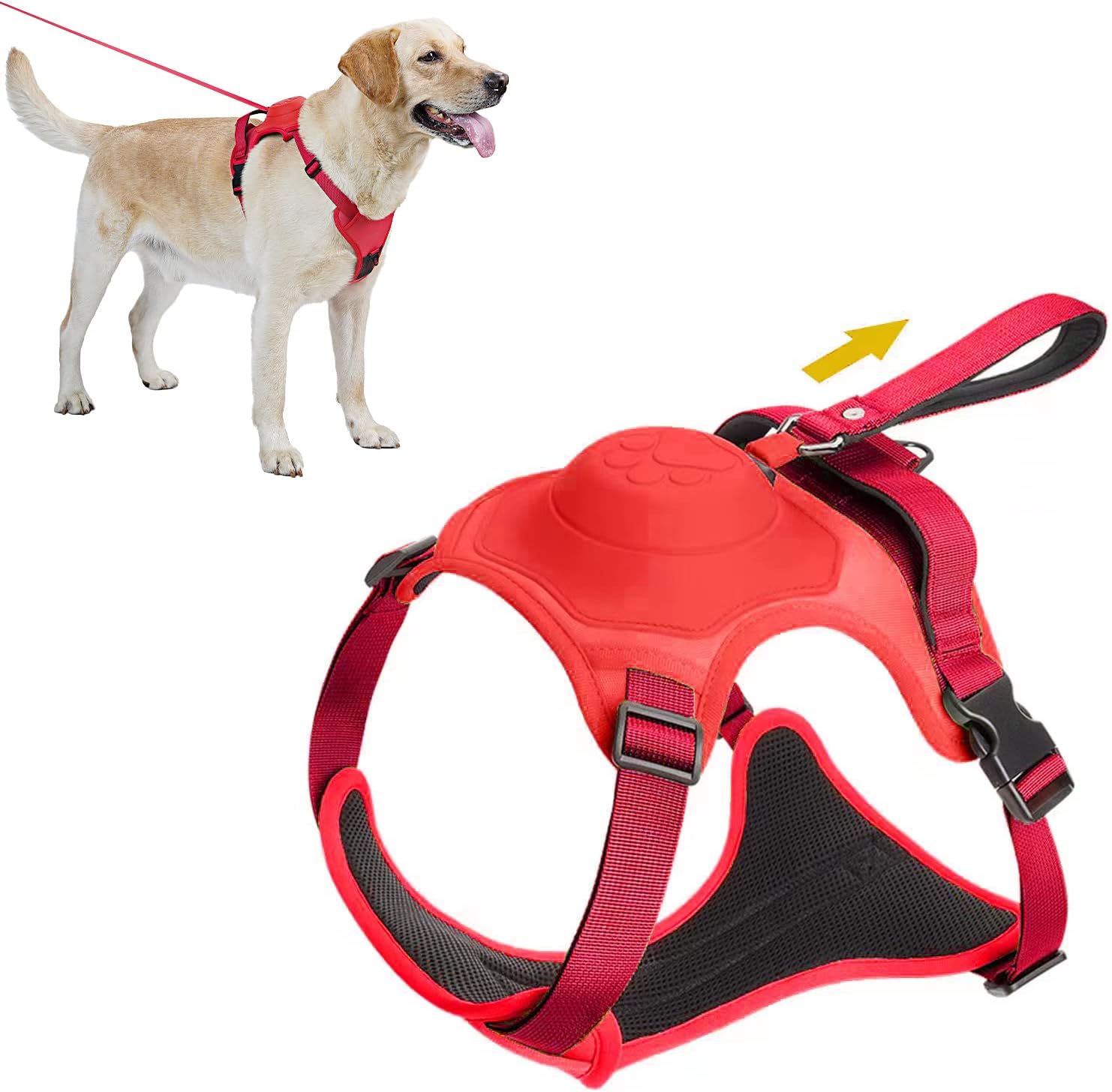 2 in 1 No Pull Dog Harness with Retractable Leash, [Automatic Anti Burst Impact Function] Adjustable Breathable Dog Vest with Control Handle for Medium Large X-Large to Outdoor, Training (Red, XL)