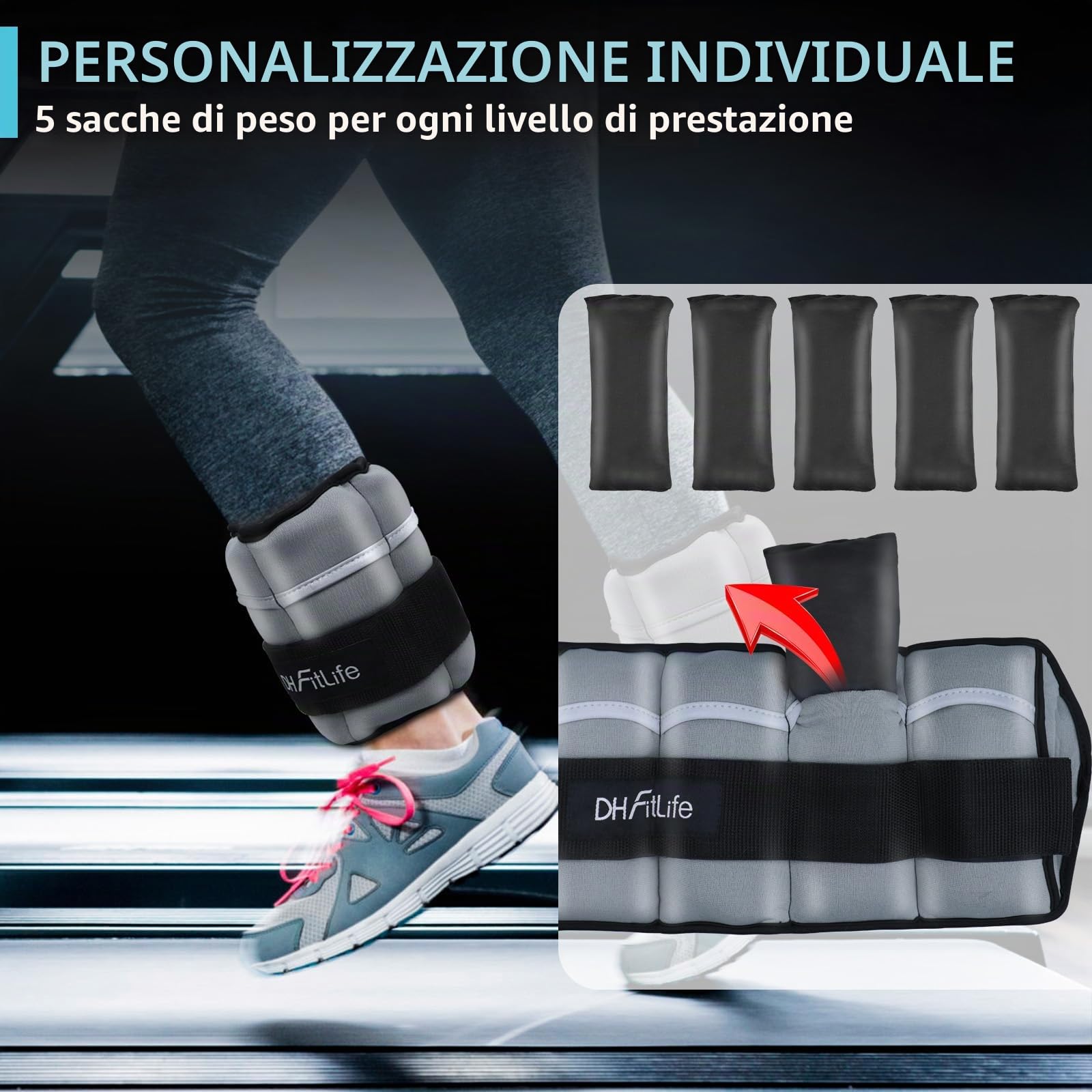 DH FitLife Set di 2 cavigliere con pesi regolabili per gambe | 2 varianti 2 x 2,5 kg e 2 x 4,5 kg | pesi alla caviglia per allenamento della forza