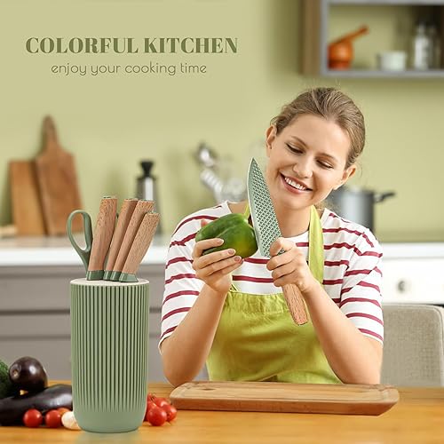 Miniatura 6 de Juego de cuchillos de cocina, 6 piezas, juego de cuchillos profesionales verdes con bloque de cuchillos universal, juego de cuchillos súper afilados