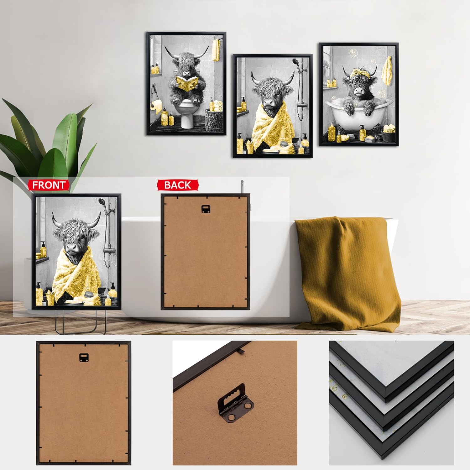 sechars Highland Cow Bathroom Wall Art 3 Piece Funny Bathroom Pictures Canvas Print Grey and Yellow Decor (Yellow)