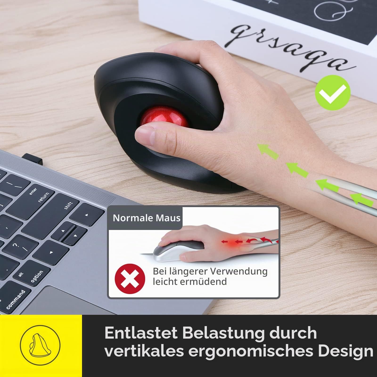 MicroPack Wireless Trackball Maus, 2023 Upgrade Ergonomische Vertikale Rollerball Computermaus, 3 Einstellbare DPI, Einfache Daumensteuerung für PC, Laptop, Mac, Windows - Schwarz