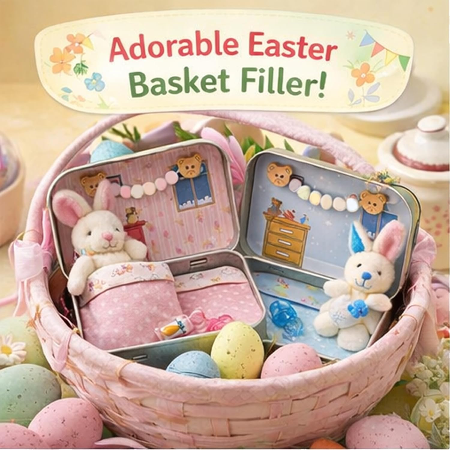 Orgonite Little Pocket Bunny in a Tin Box, Pocket Bunnies Easter Basket Stuffer, DIY Pet Tin Bunny Adoption, Mini Plush House Easters Baskets Decorative Boxes