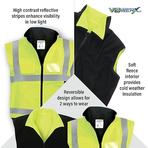 Miniatura 4 de VISWERX Chaleco reversible de alta visibilidad con forro polar  ANSI CL2  Chaleco reflectante de seguridad para áreas de trabajo, construcción y