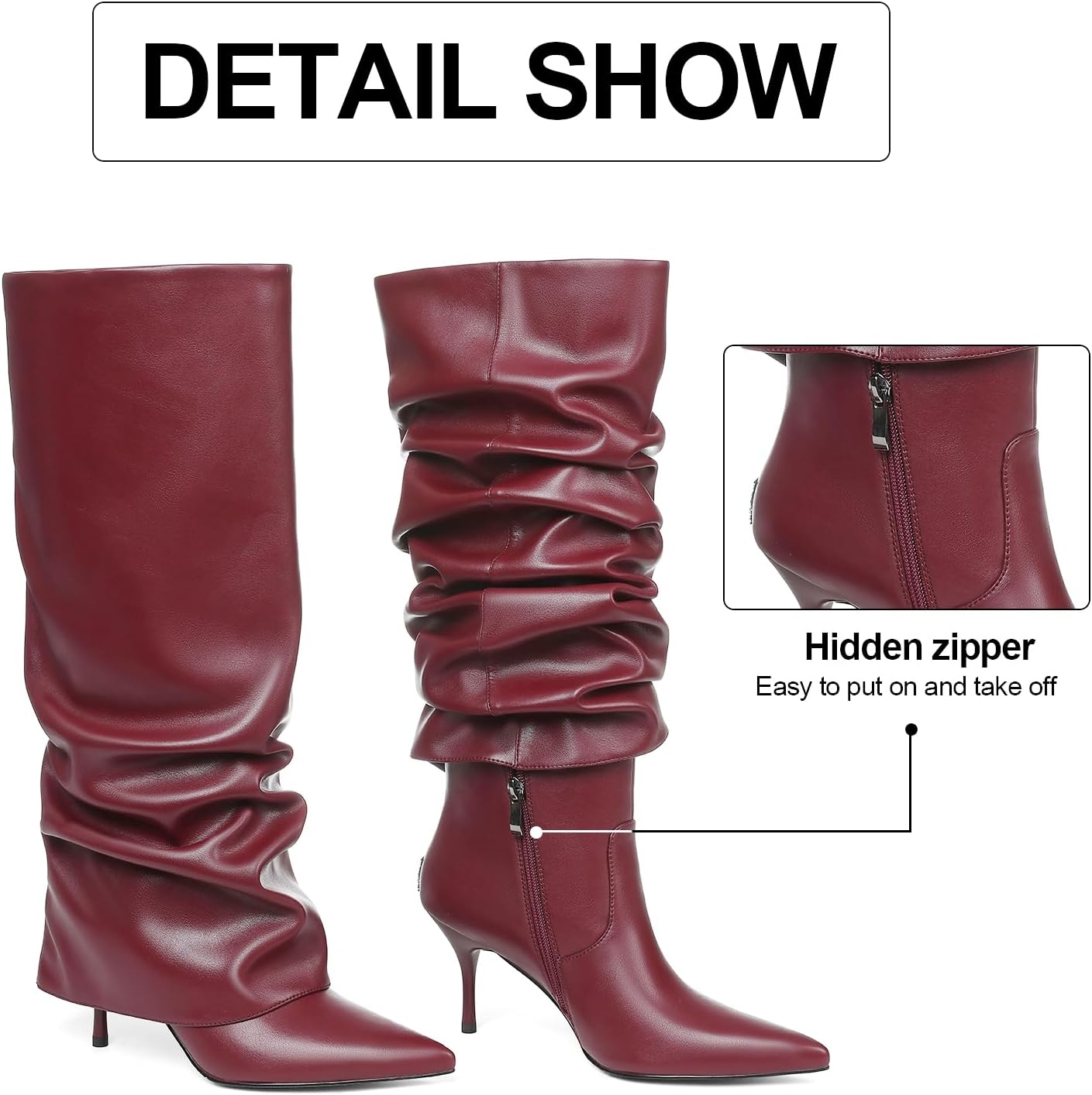 Womens Knee High Boots, Fold Over Shark Boots Stiletto Heels Slouchy Long Boot Pointed Toe Thigh High Dress Shoes Sexy Fashion Tall Boot for Women with Zipper - Image 5