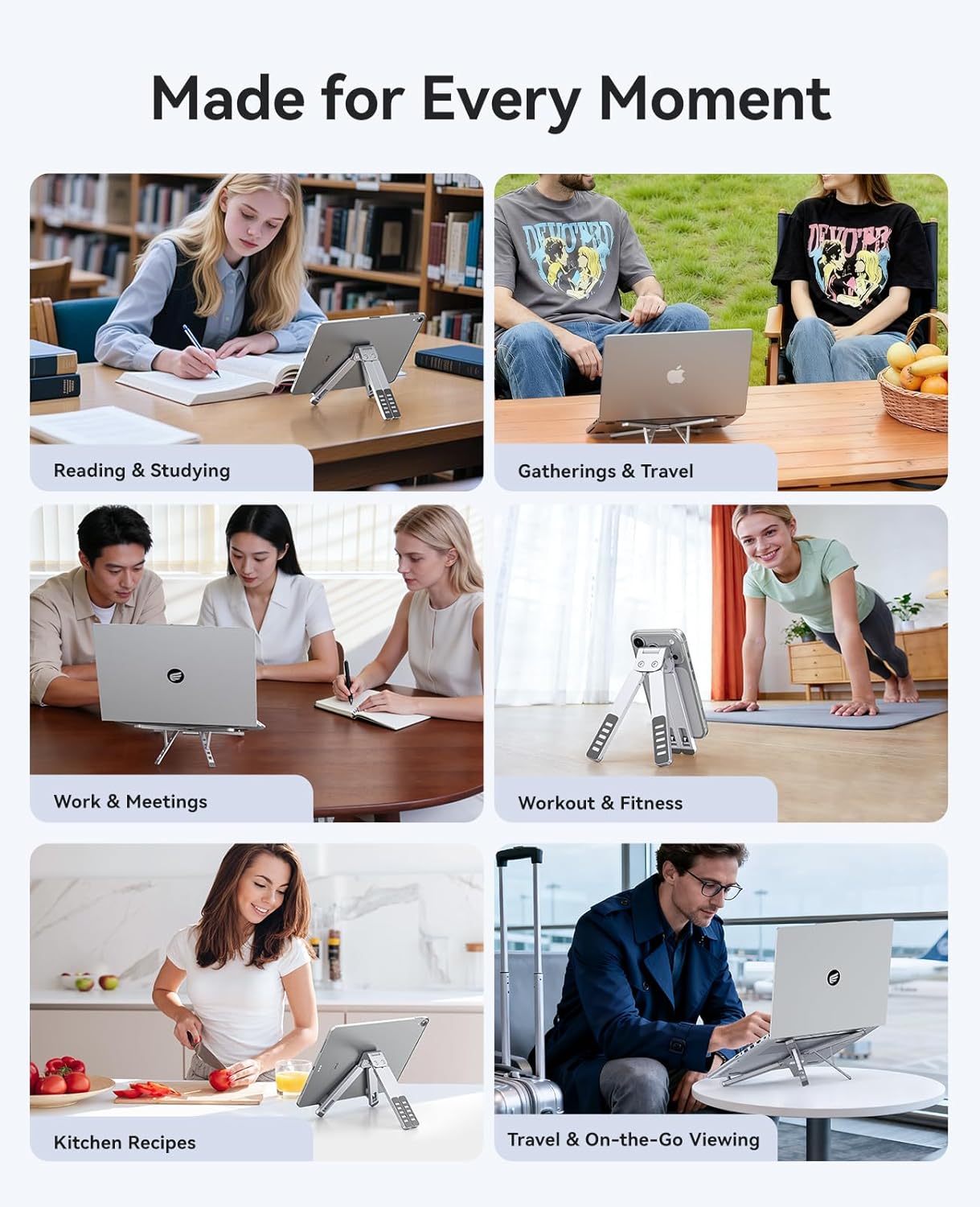 ORICO Portable Laptop Stand for Travel & Desk, Ultra-Compact Foldable Aluminum 3-in-1 Riser for Laptop, Tablet & Phone, 5 Adjustable Heights, Compatible with MacBook/HP/Dell/iPad/iPhone – PN1 (Silver)