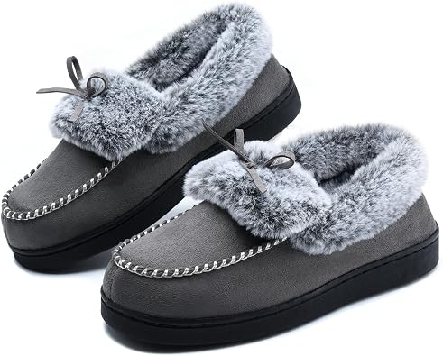 DL Womens Fuzzy Warm Moccasin Slippers Memory Foam, Soft Fluffy Womens Winter House Slipper Closed Back Fur Lined, Cozy Ladies Suede Indoor Bedroom Houseshoes Non-Slip