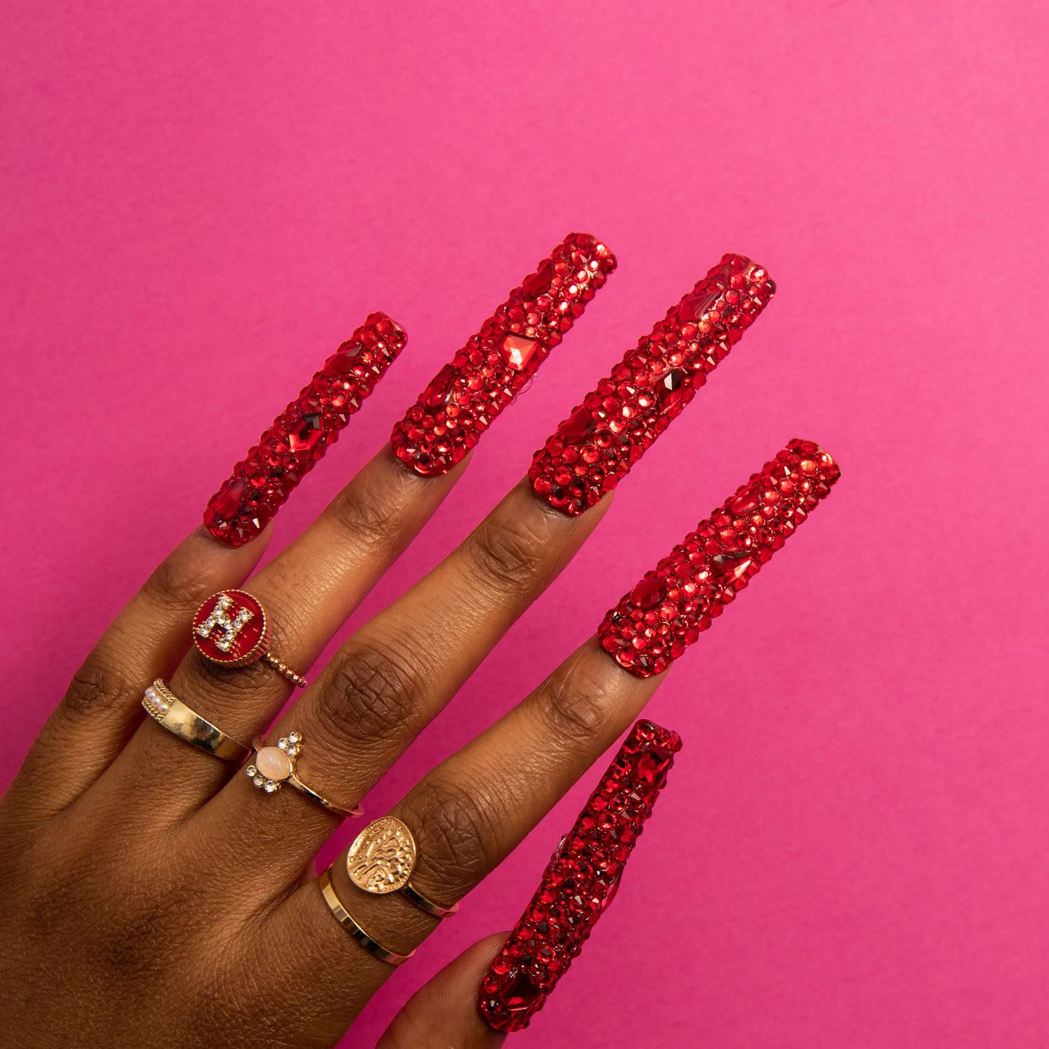 LOVFUL Press on Nails Flaming Luxury Red | Handmade with Full Covered Crystals | Reusable Full Cover Nails | Square Long 2.2 in | H39-S