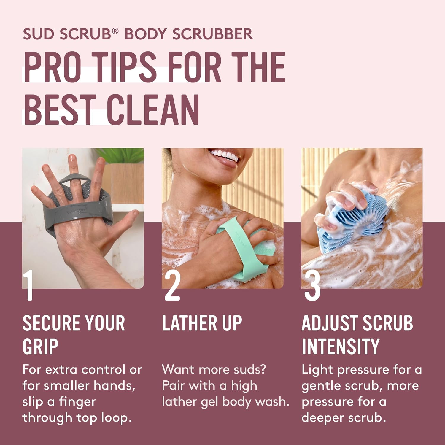 Sud Scrub® Antimicrobial Silicone Body Scrubber, Exfoliating Body Scrubber for Sensitive Skin, Eco Friendly Shower Scrubber for Body, Silicone Body Brush for Showering, Pink - Image 7