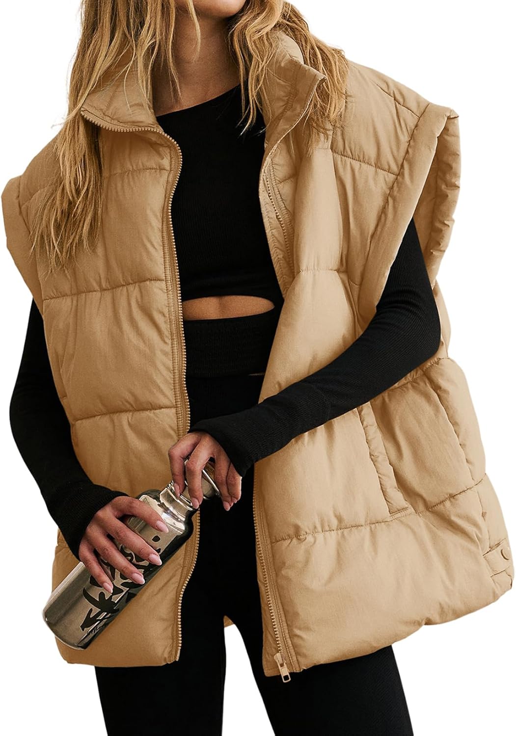 Dokotoo Women's Casual Winter Oversized Puffer Vest Stand Collar Flysleeve Insulated Padded Puffy Jackets Coat with Pockets