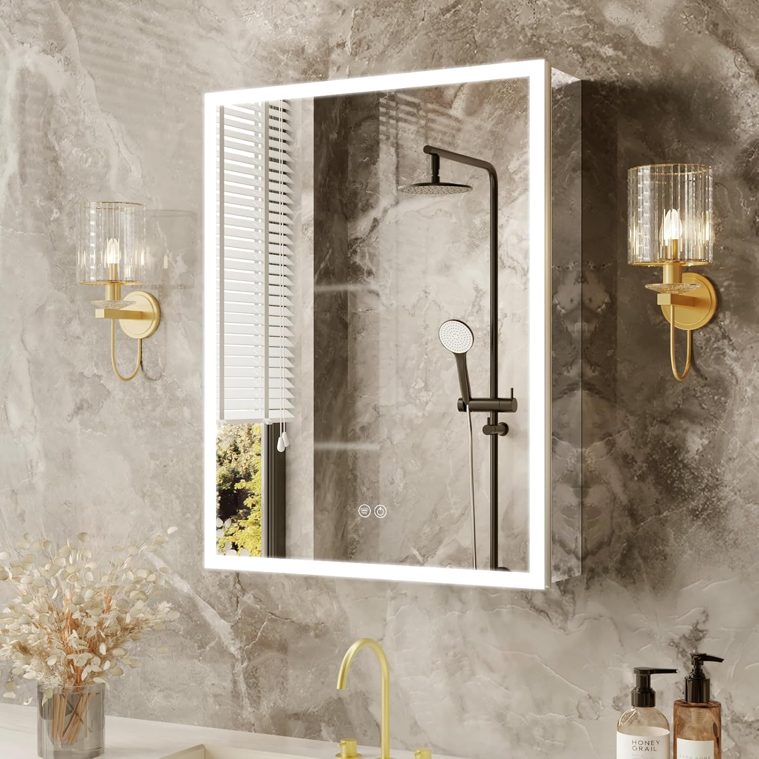 Lighted Medicine Cabinet with Mirror 20x26 IN, LED Medicine Cabinet Mirror with 3-Colors Dimmable Light, Defog, Medicine Cabinet with Lights Built-in Sensing Light, 2 Outlets, Recessed or Wall Mount
