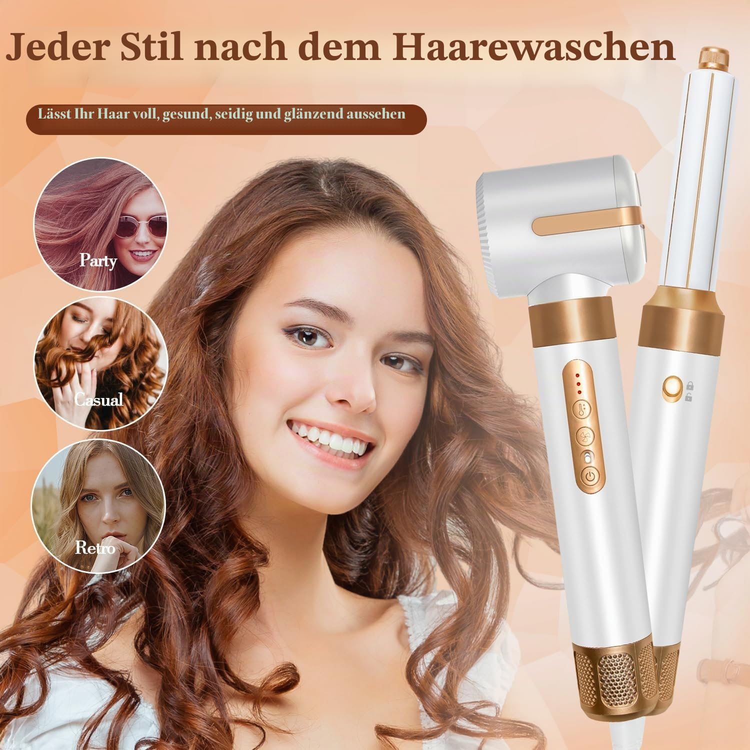 Air Styler 7 IN 1 Haartrockner mit Haarföhn Haarstyler, Warmluft Bürste, Wrap Air Lockenstab, Runder Kamm, Diffusor, Konzentrator Zubehörteilen, Tragbarer Reisefön für Zuhause, Reise (Weiß S)
