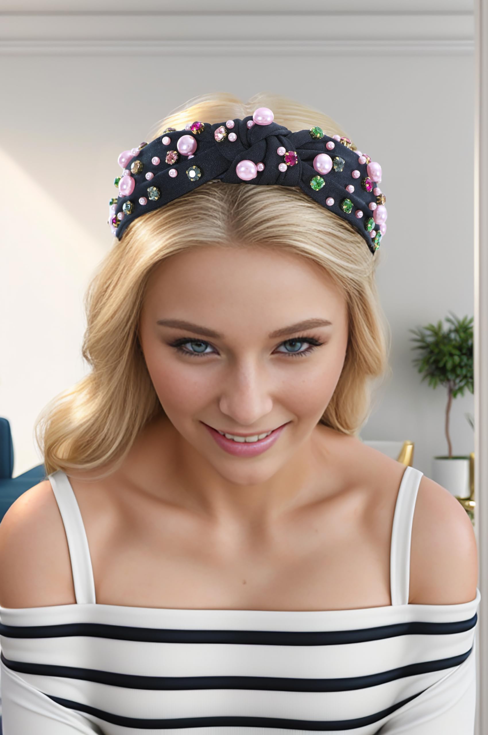 Pink Rhinestone Knot Headband Hair Bling Sparkle Crystal Jeweled Statement Gold Make It Shimmer Headband | Rhinestone & Pearl Topknot  main image 3