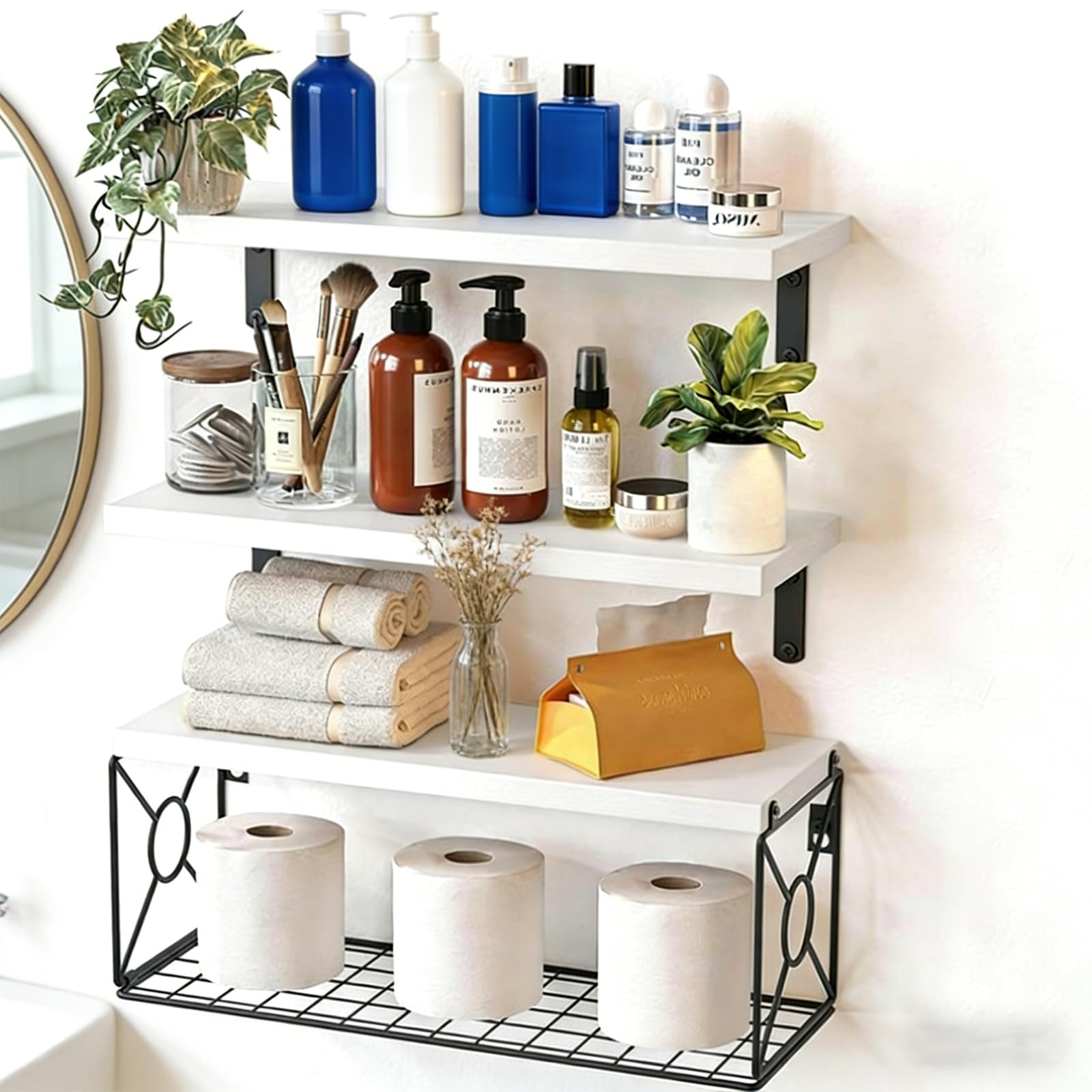 Mensole sospese decorative che uniscono il fascino rustico per una conservazione efficiente in soggiorno o bagno