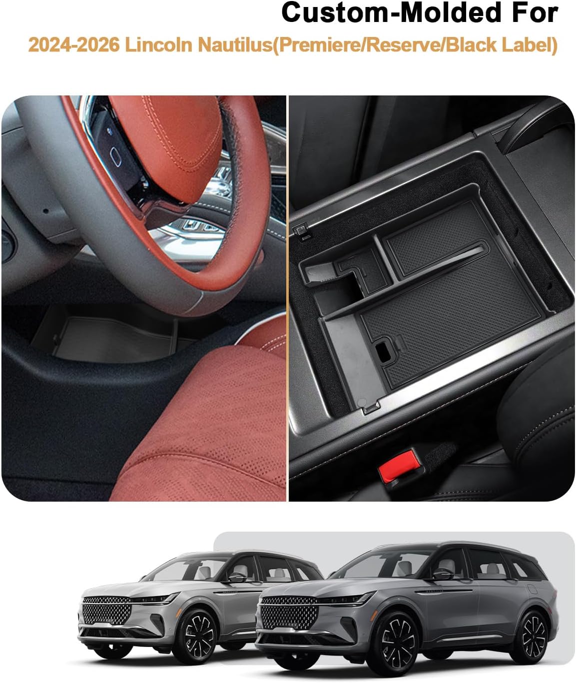 ECOZEN Center Console Organizer Set For 2024-2026 Lincoln Nautilus - 2 Pcs Armrest Box Storage Tray + TPE Lower Center Console Organizer Tray For Lincoln Nautilus Hybrid 2024-2026 Accessories