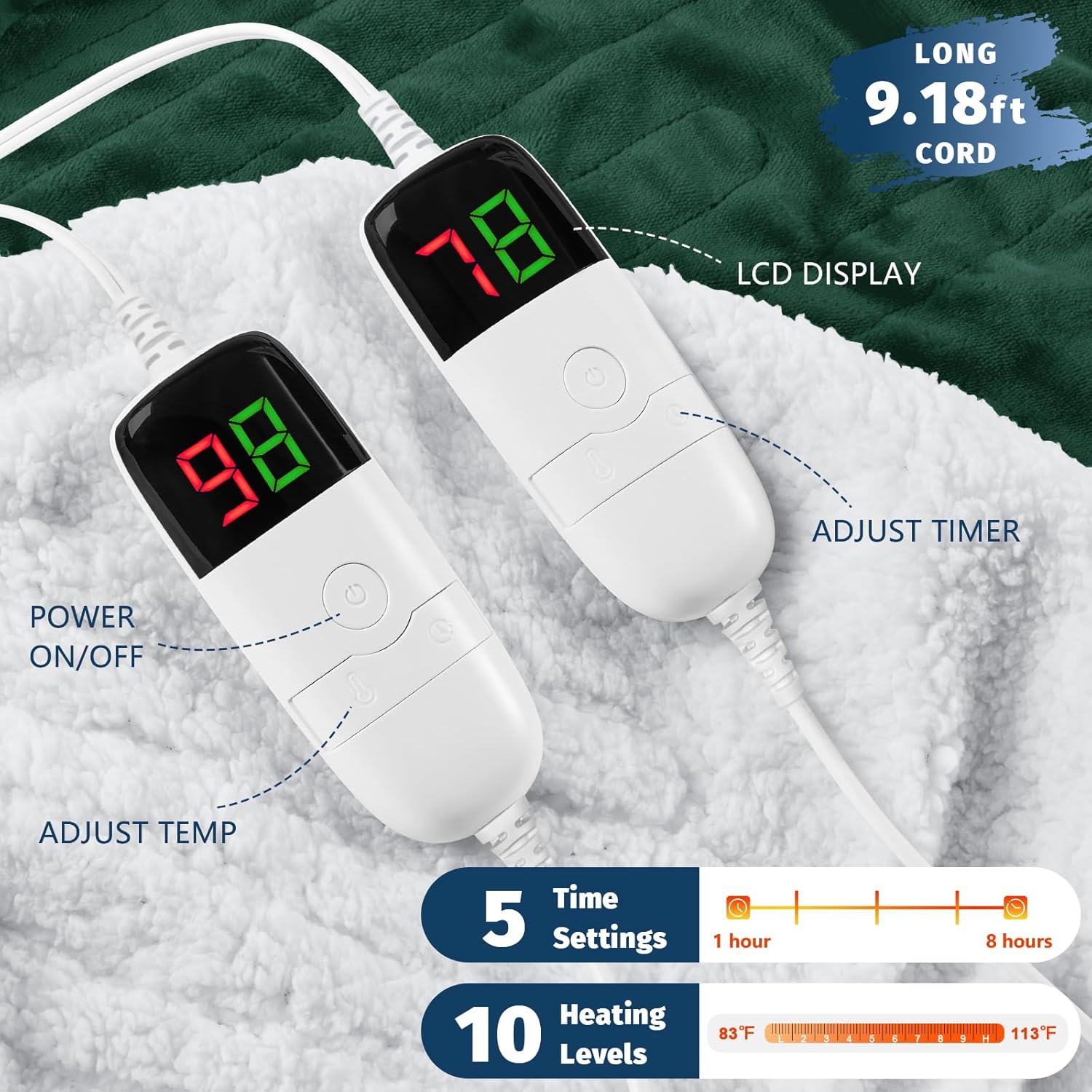 Heated Electric Blanket King Size - 90" x 100" Heating Blanket with Dual Control, 10 Heating Levels & 8 Hours Auto Off, Soft Warm Flannel Blanket, Christmas Birthday Gifts for Senior Grandma - Image 3