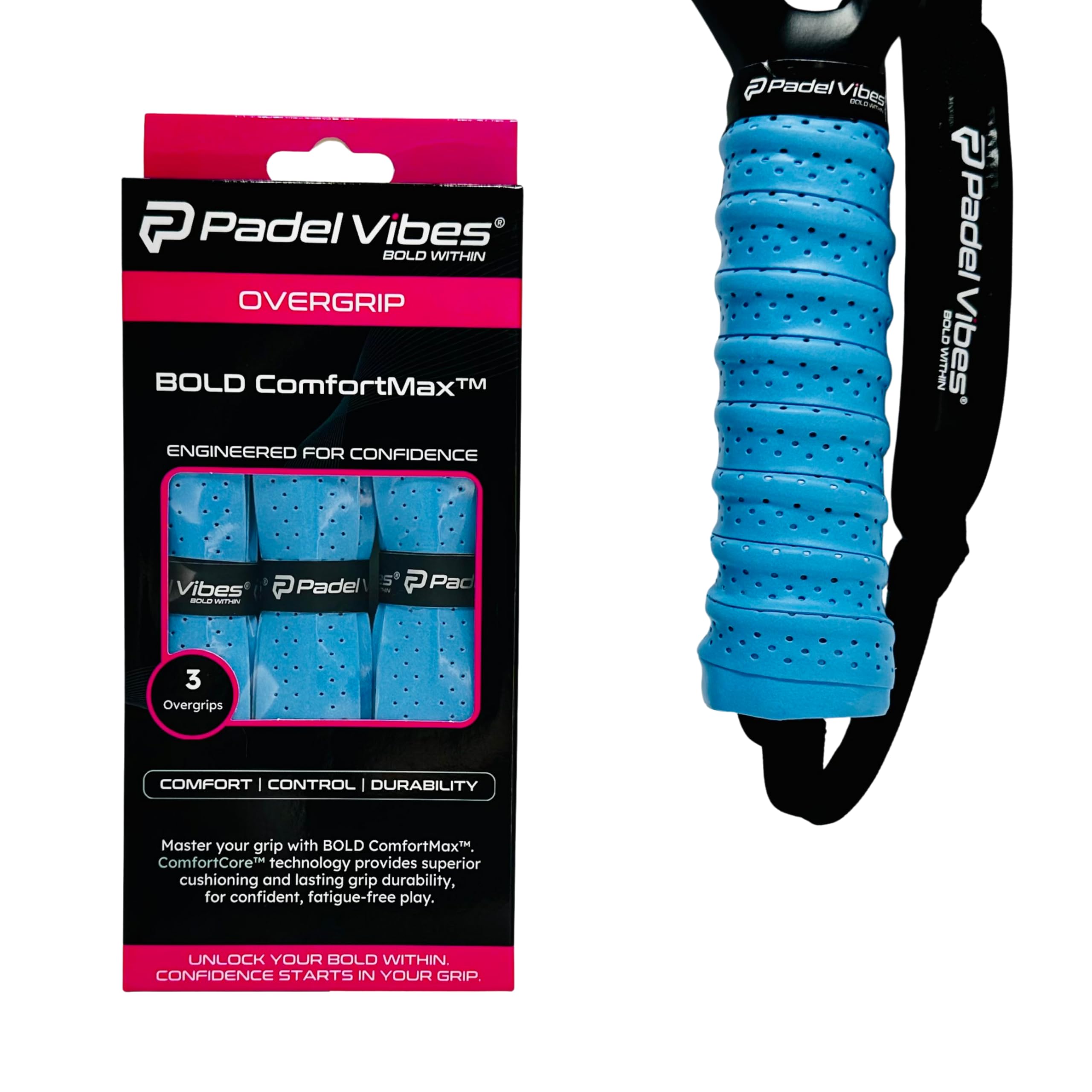 Padel Vibes® BOLD ComfortMax™ Overgrip | Perforated, Ergonomic Overgrips for Padel, Tennis, Badminton, Squash, Racketball | Sweat-Absorbing, Anti-Slip, Durable (Sky Blue | 3-Pack)