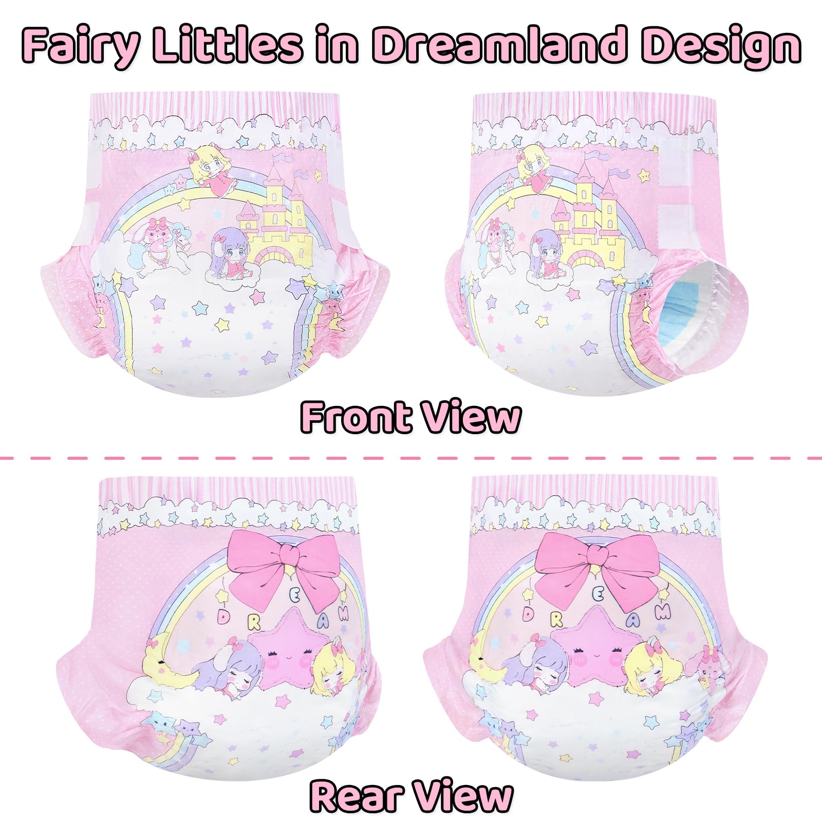 LittleForBig Ultra chłonne 7000 ml regulowane zapięcie na rzep tkaninowa pielucha z tylnym panelem z nadrukiem dla dorosłych 2 sztuki - Fairy Littles in Dreamland (duża 91 cm - 122 cm)