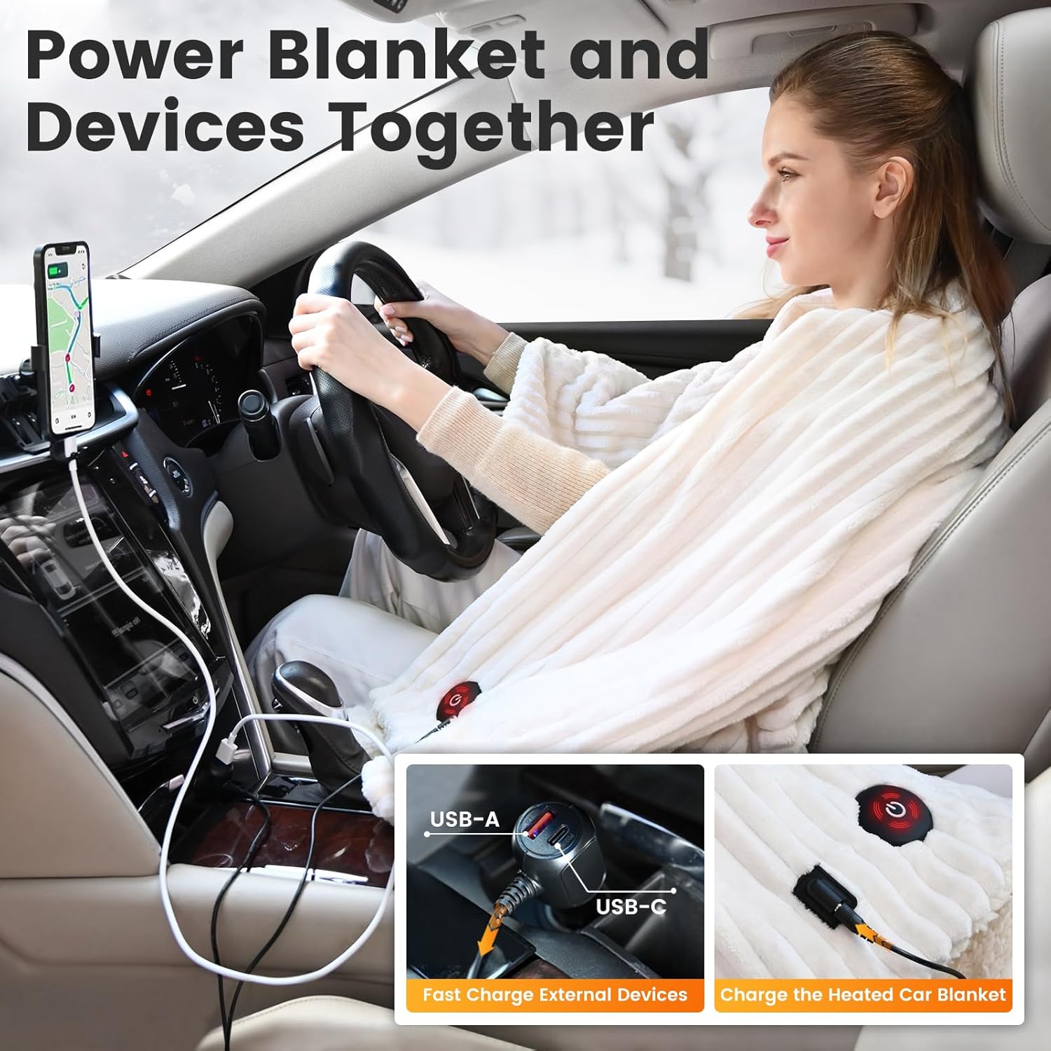 WOOMER 12V Heated Blanket for Car – Soft Faux Fur & Cozy Sherpa with 2 Output USB Ports (1A +1 C) 4 Heating Levels & 4 Hours Auto Off, Machine Washable, 59" X 43", Beige