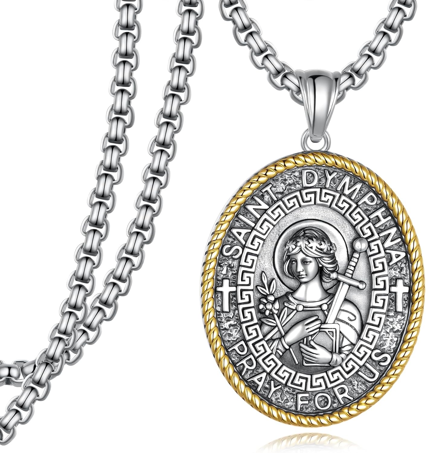 St Dymphna Medal 925 Sterling Silver Saint Medal Necklace Catholic Jewelry Gifts for Men