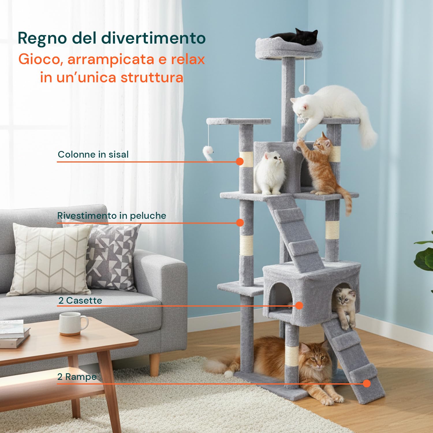 Avilia - Tiragraffi XXL 170cm con Doppia Cuccia per Gatti Adulti, Albero Giochi in Sisal e Peluche, Piatteforme Relax, Ampio e Sicuro per il Massimo Divertimento dei Gatti (Grigio)