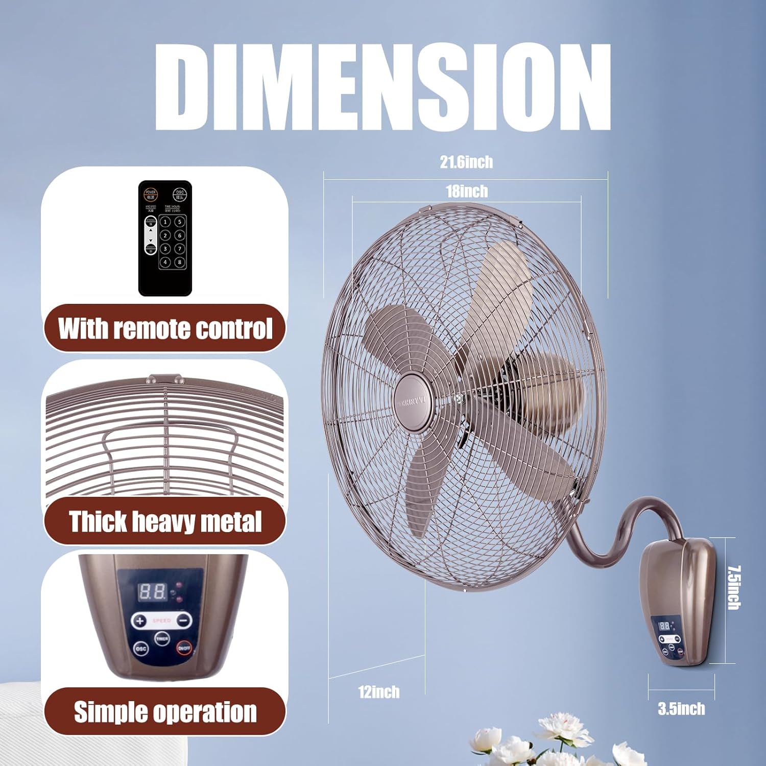 Oscillating Wall Mount Fan with Adjustable Tilt, 18 inch, 3 Speed, Metal Grille, 90 Degree Oscillation, Ideal for Home, Bedroom, Gym & Office (black)