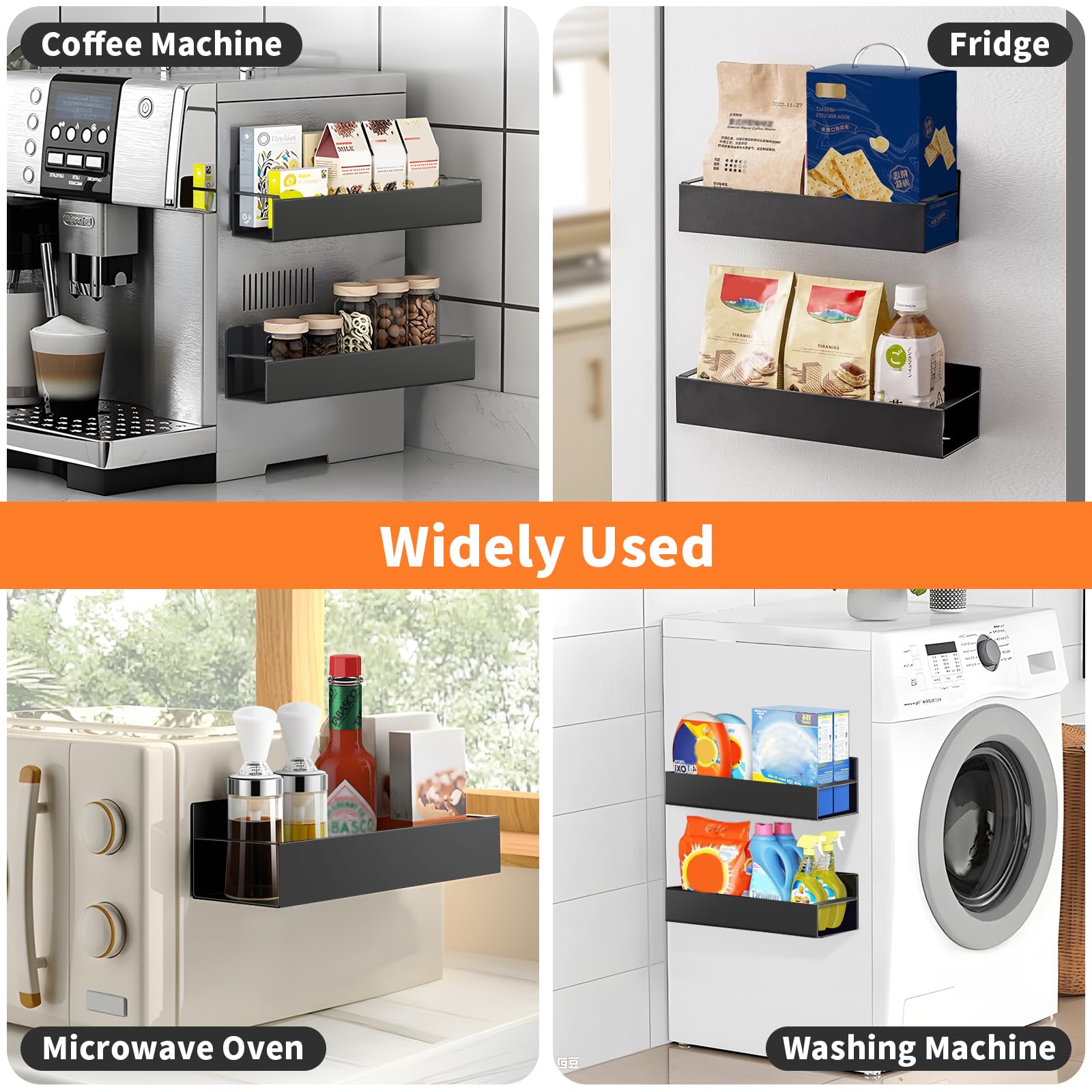 Magnetisches Gewürzregal für Kühlschrank, ohne Bohren, magnetisches Aufbewahrungsregal, magnetischer Gewürz-Organizer für Küchenorganisation und Aufbewahrung, schwarz, 4 Stück
