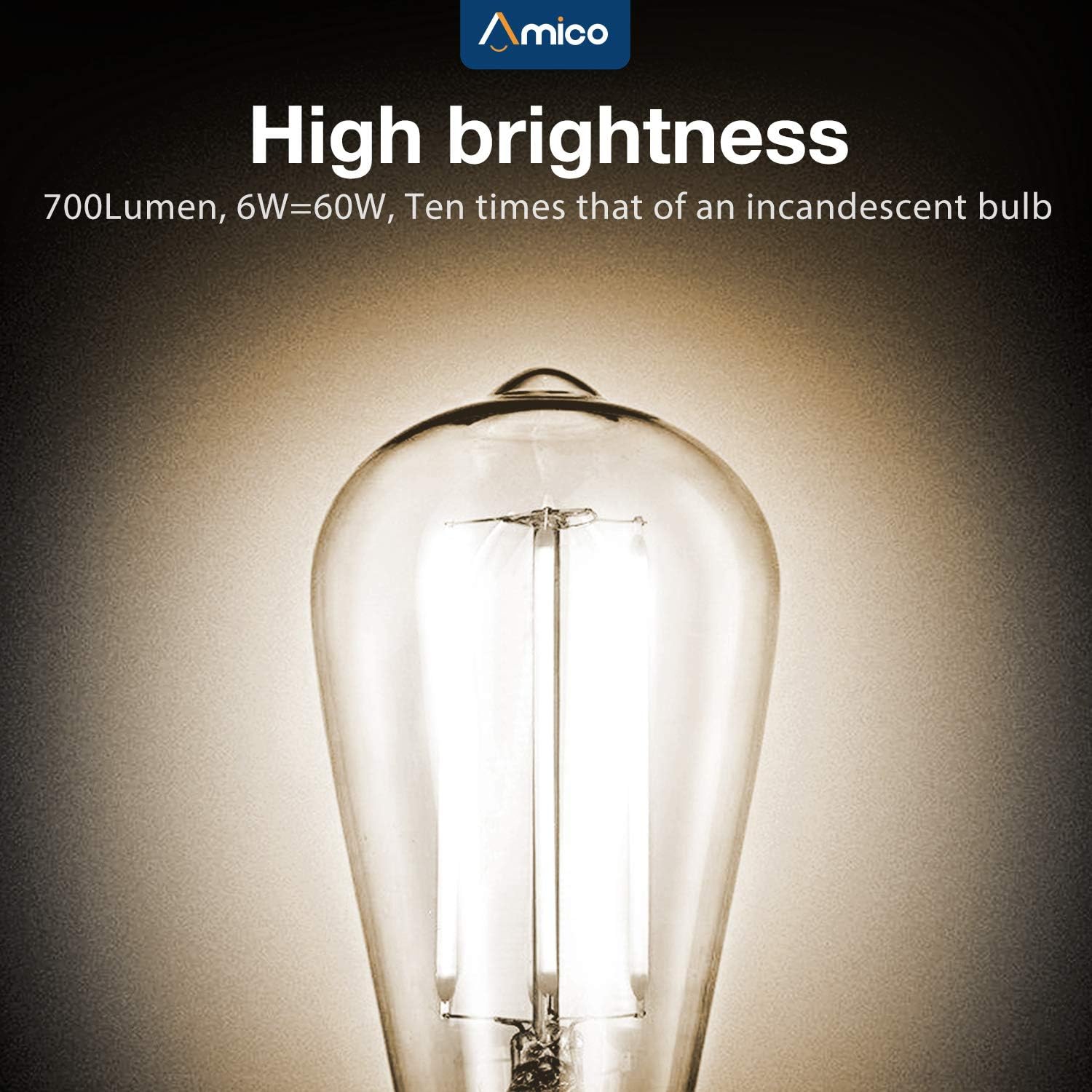 Amico 6 Pack ST64/ST21 LED Light Bulb, Dimmable, 6W=60W, 4000K Cool White, Vintage Edison Filament Bulb, 700 LM, E26 Base, Clear Glass, Restauarant or String Lights