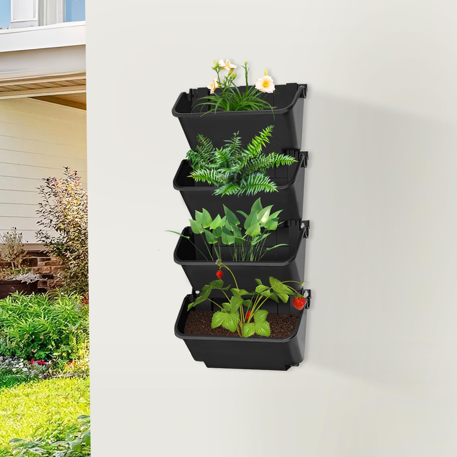 Bolsas para plantas colgantes, pared vertical para plantas de jardín con 4 jardineras, rectangulares para pared, macetas colgantes para verduras, flores, balcones, vallas, patios (negro)